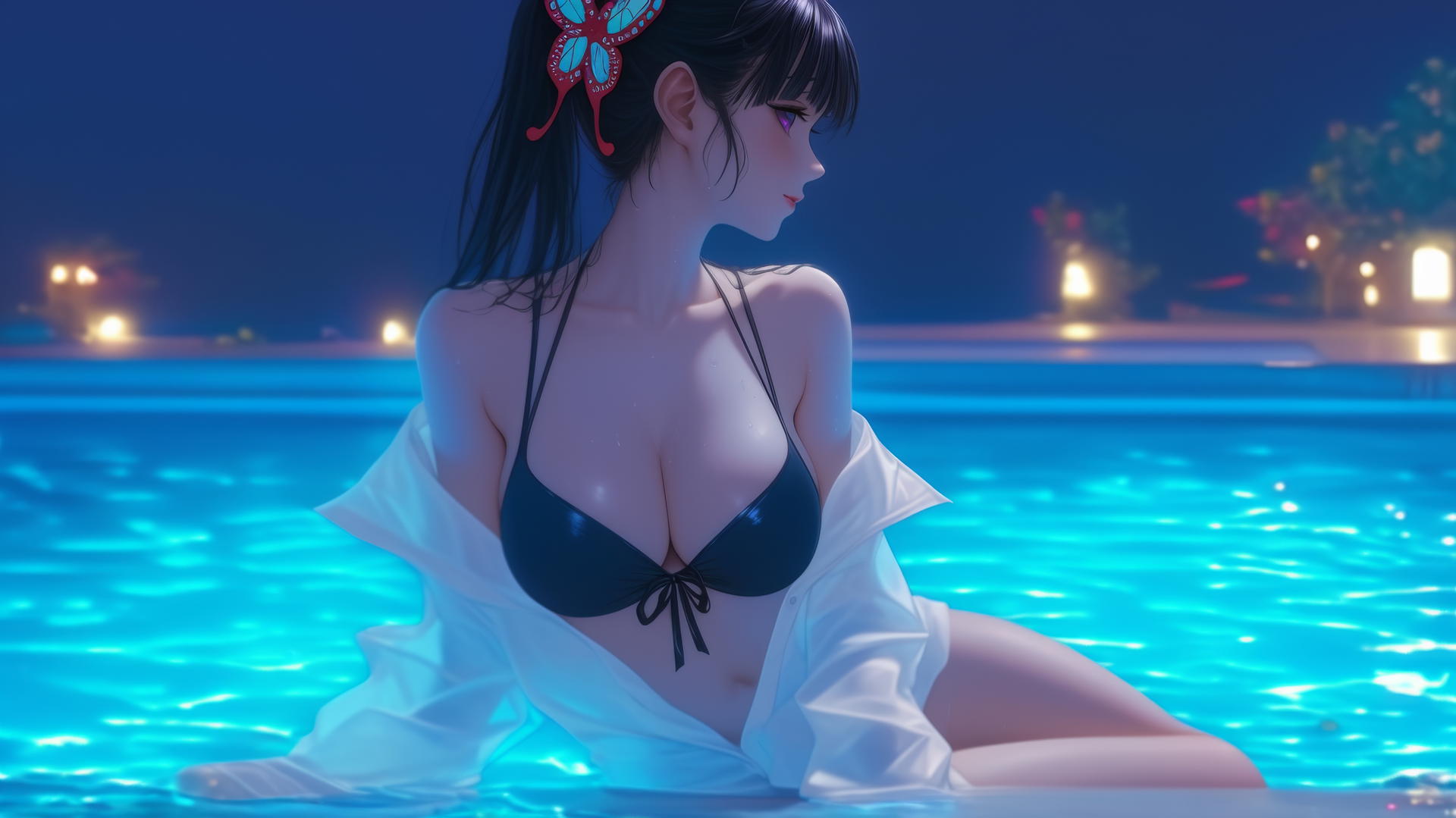 Kanao Tsuyuri from Demon Slayer resting by a swimming pool under moonlight.