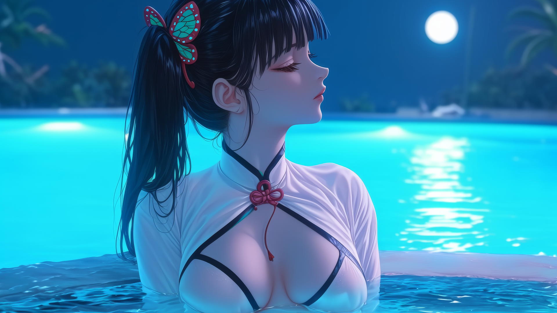 Kanao Tsuyuri from Demon Slayer resting by a swimming pool under moonlight.