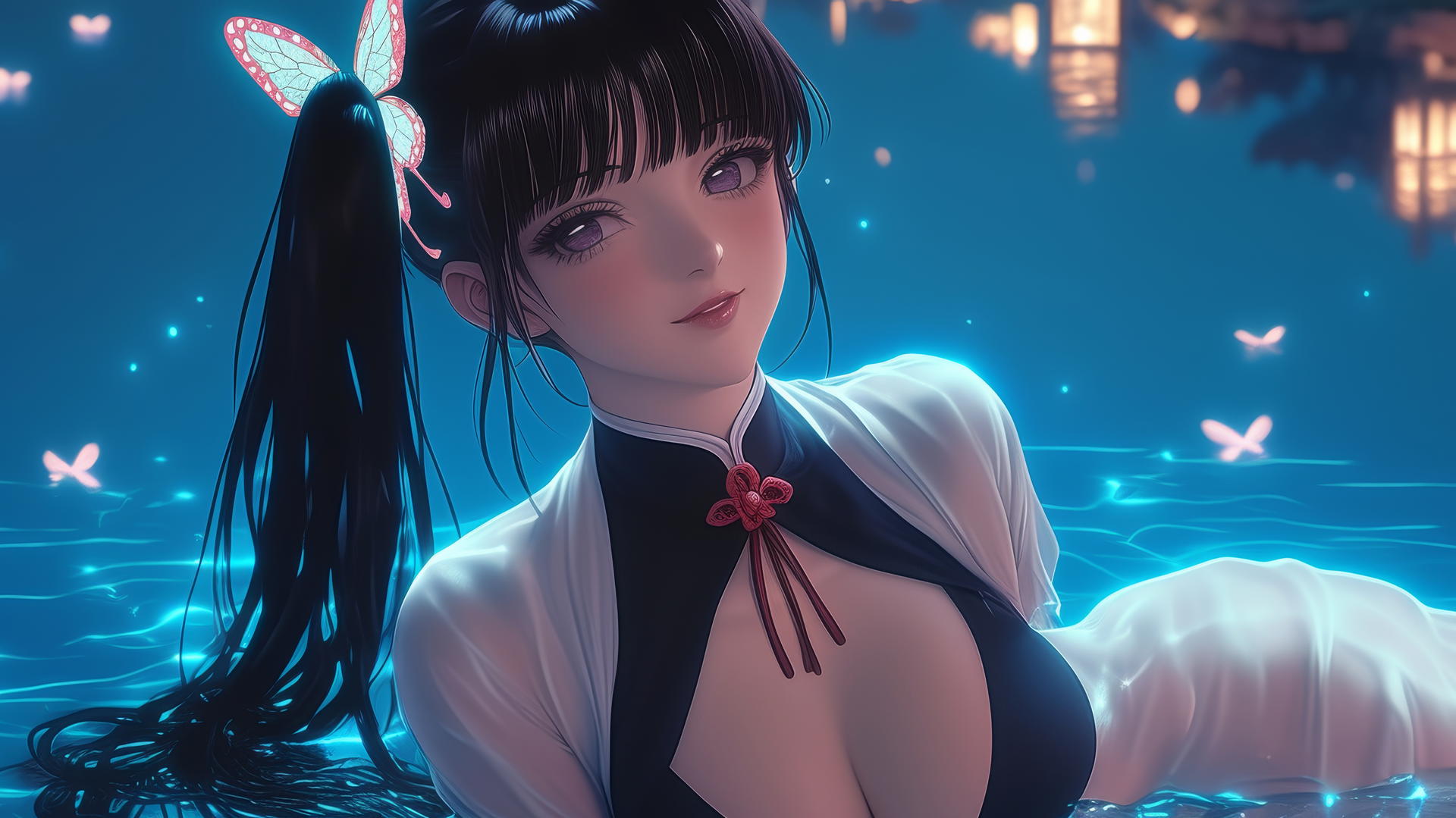 Kanao Tsuyuri from Demon Slayer resting by a swimming pool under moonlight