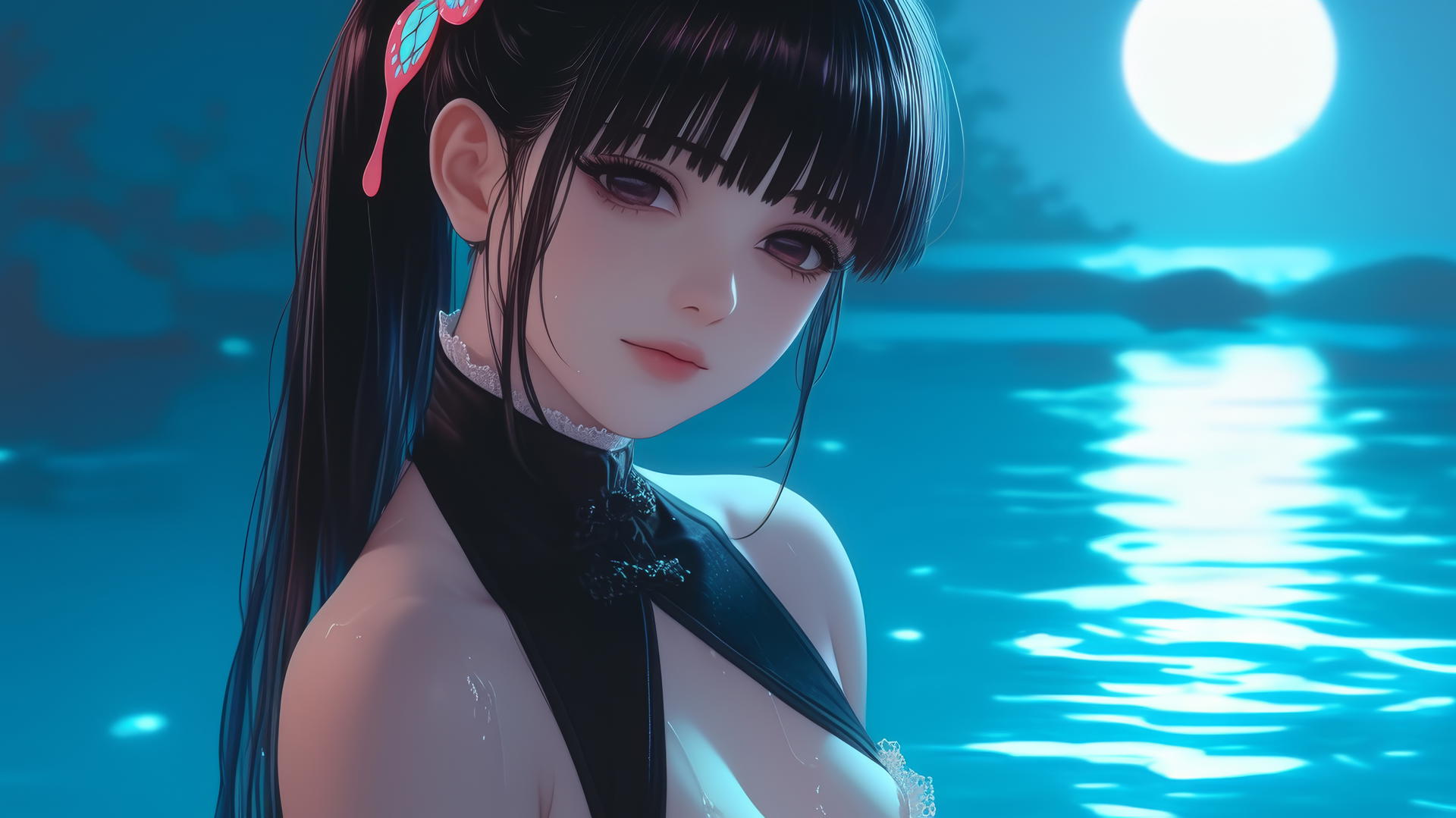 Kanao Tsuyuri from Demon Slayer resting by a swimming pool under moonlight.