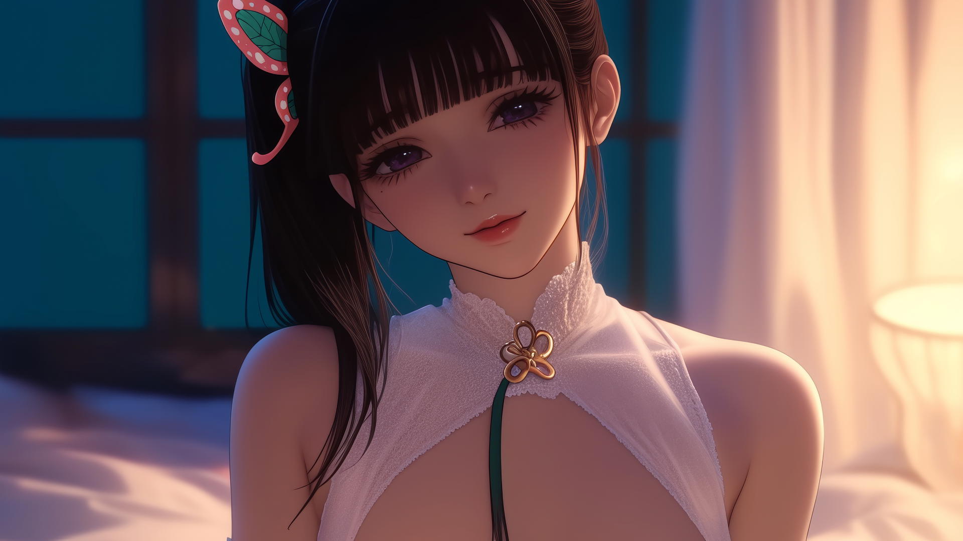 Kanao Tsuyuri from Demon Slayer resting in a modern hotel room with warm light