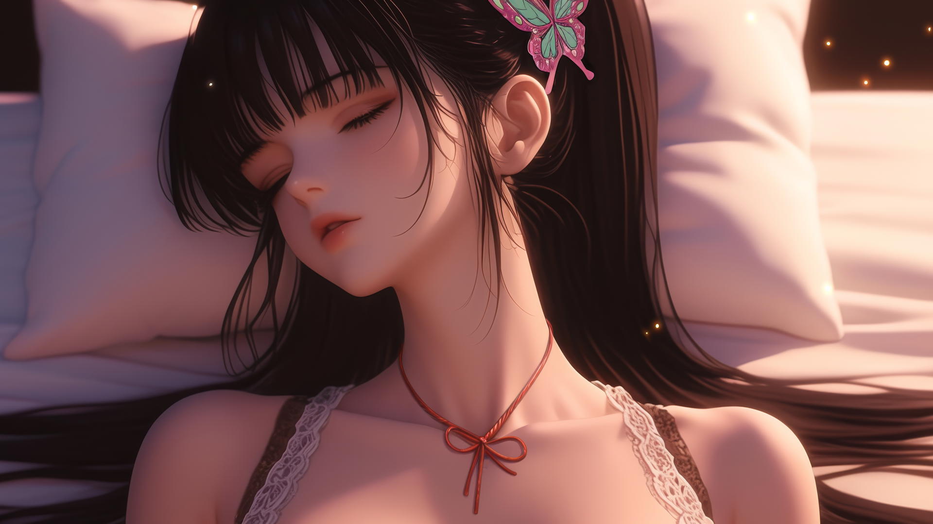 Kanao Tsuyuri from Demon Slayer resting in a modern hotel room with warm light.