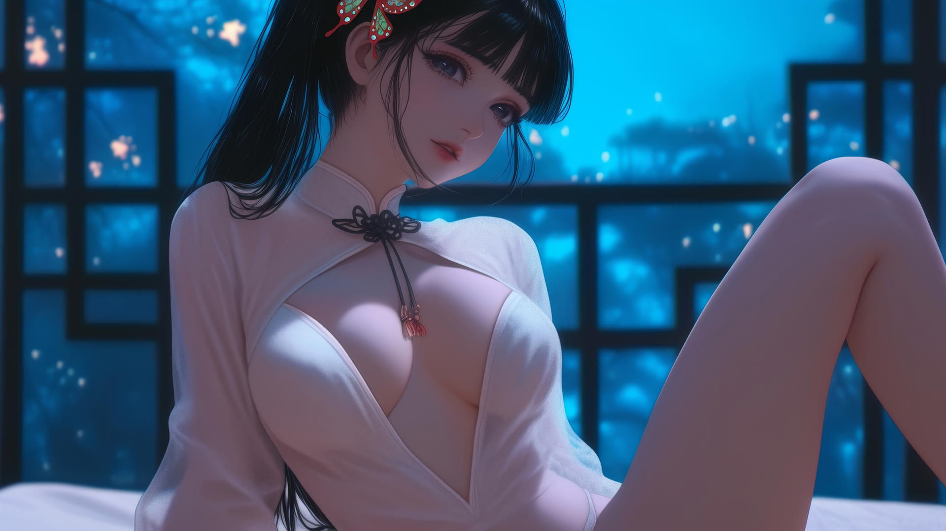 Kanao Tsuyuri kneeling, seen from below, soft warm light highlighting her figure.