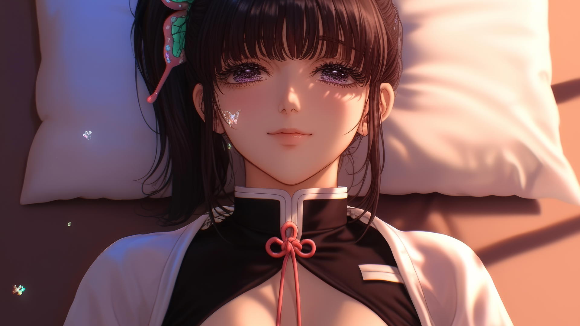Kanao Tsuyuri resting in a modern hotel room with warm lighting