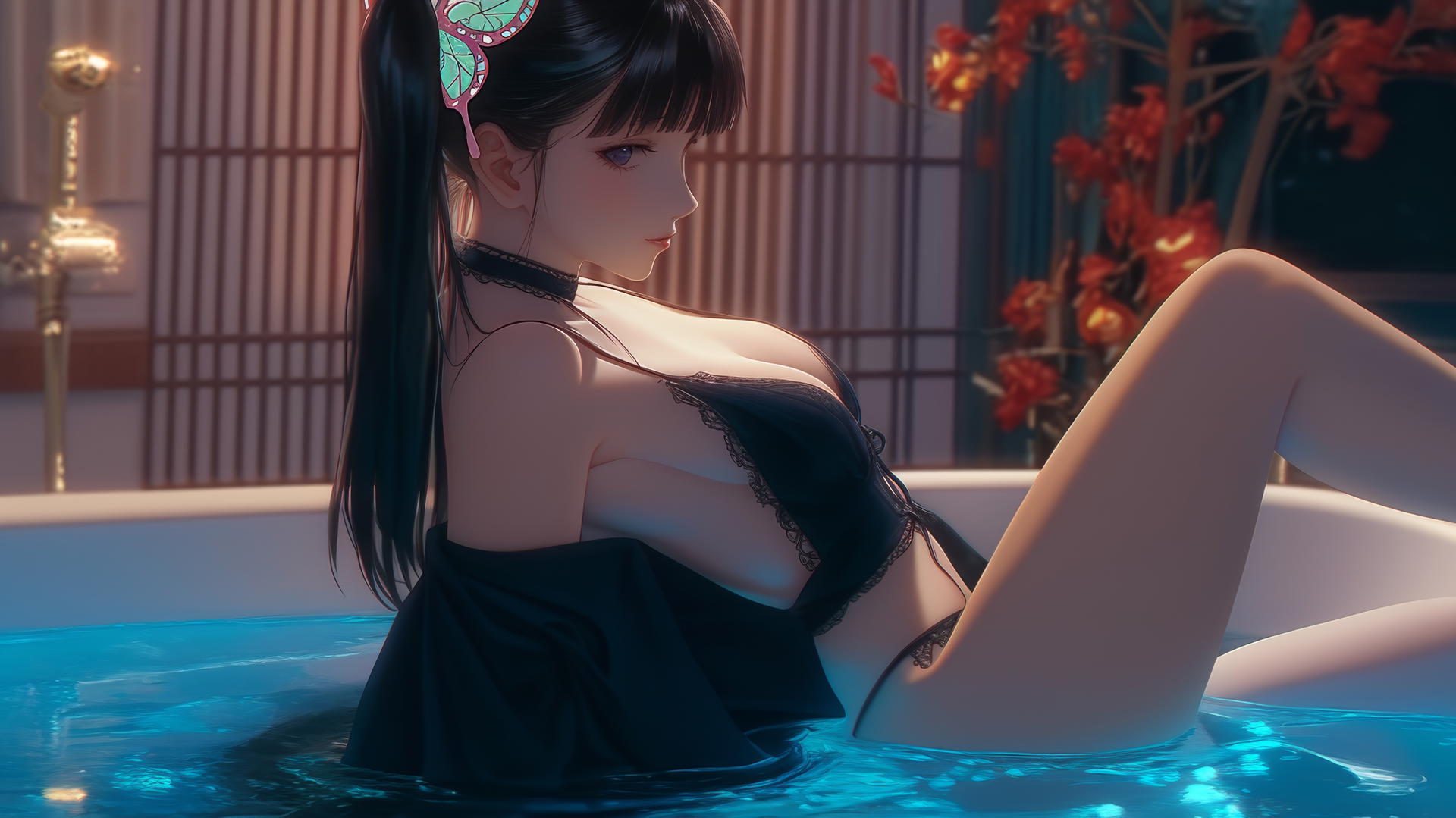 Kanao Tsuyuri from Demon Slayer in a modern apartment tub, warm light highlighting her figure.