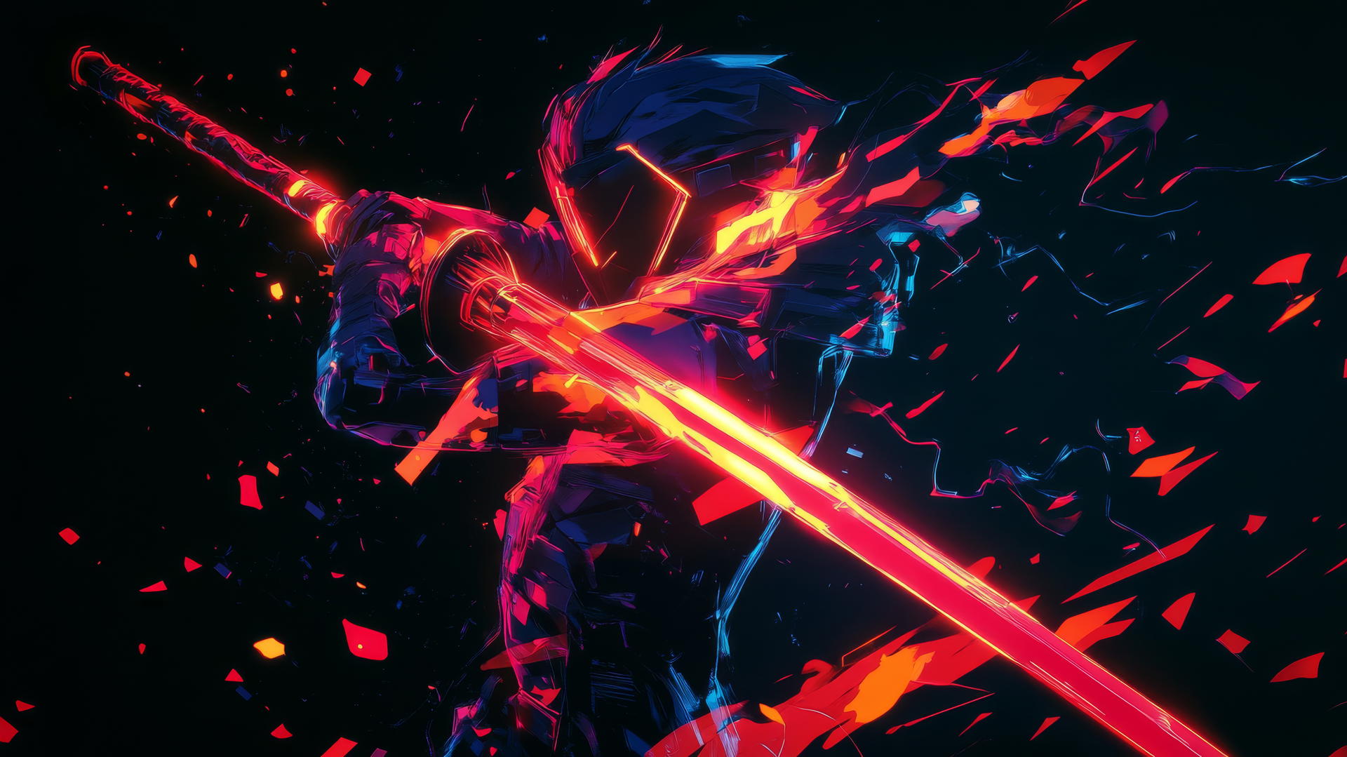 Digital warrior with neon red sword and digital flames in cyber Y2K style