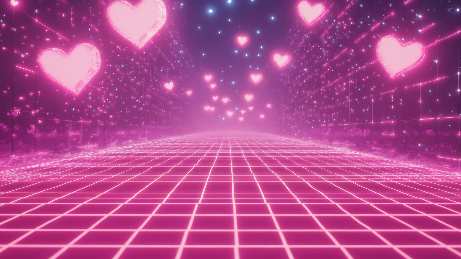 pink y2k wallpaper with neon pink grid floor, glowing hearts, pixelated stars