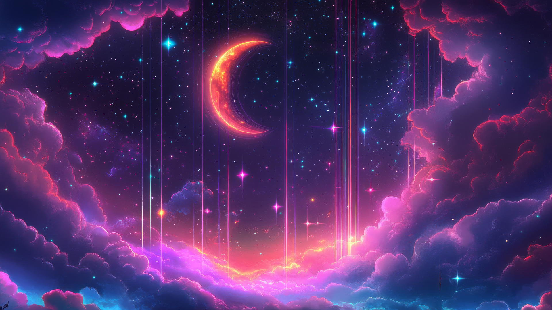 Y2K star wallpaper with neon constellations, pixel clouds, digital moon
