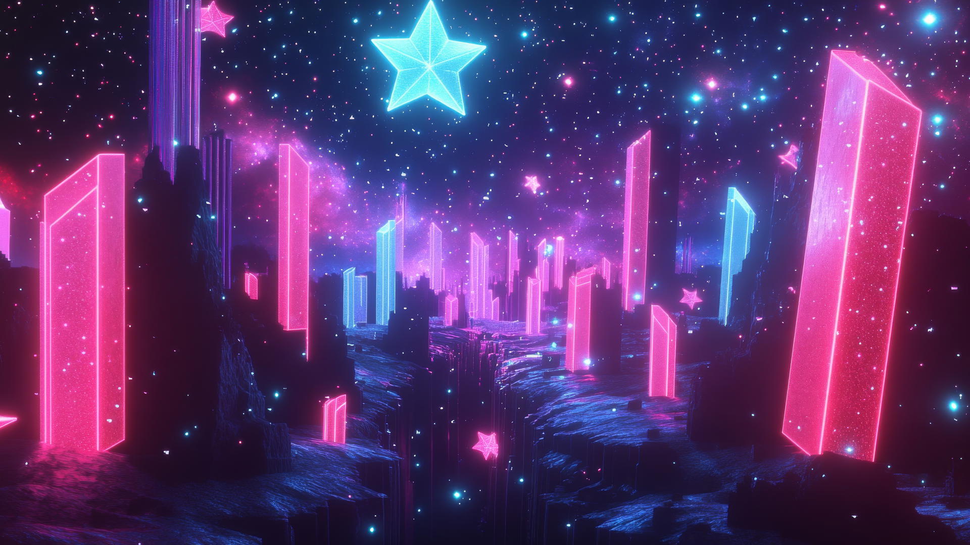 Y2K star wallpaper with neon stars, glowing shapes, and holographic sky