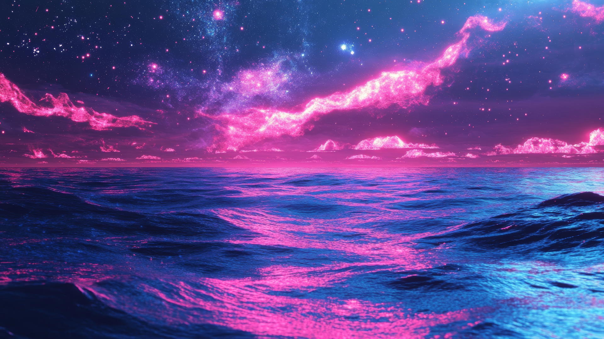 cyber y2k star wallpaper with digital ocean, starry sky, neon reflections, glitch effects