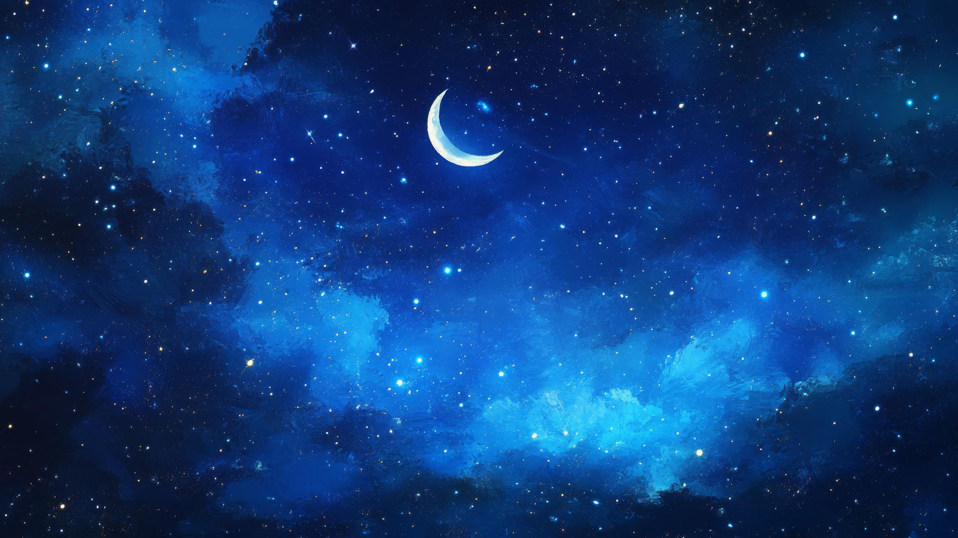 blue wallpaper with night sky, stars, and glowing moon