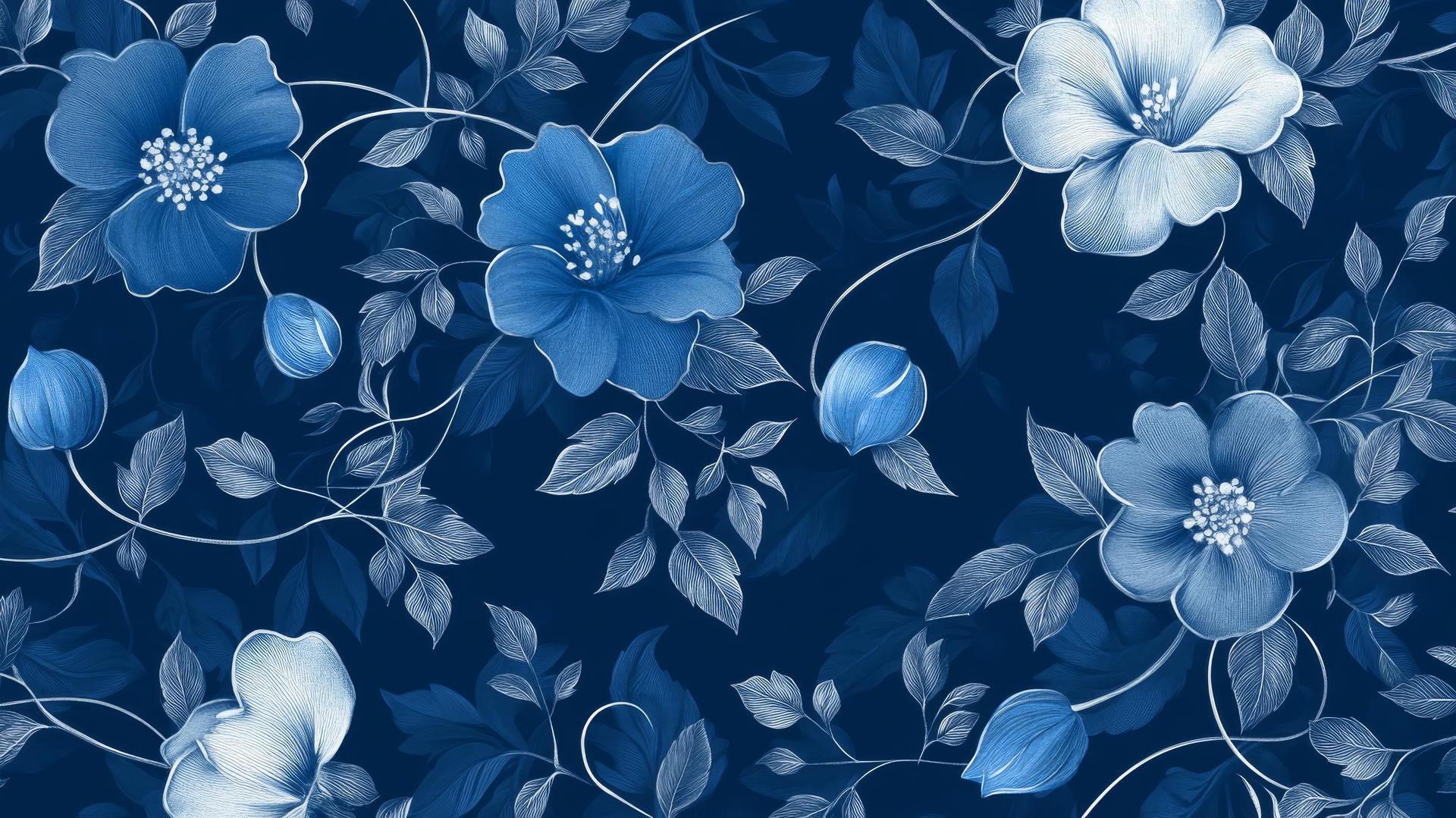 blue wallpaper with blue flowers, silver vines, and darker blue background