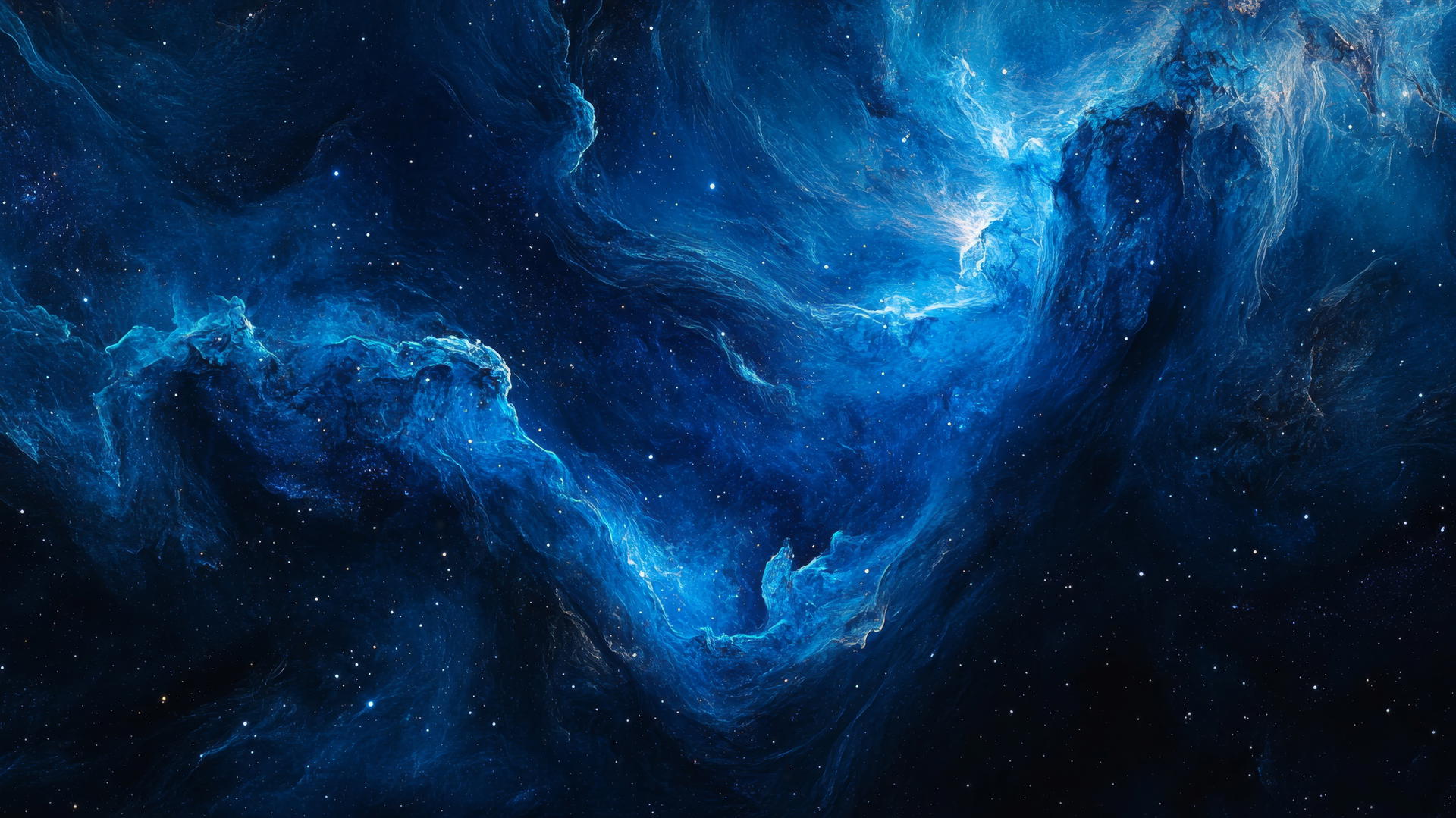 A digital blue wallpaper shows a vibrant space nebula with swirls of blue gas and scattered stars.