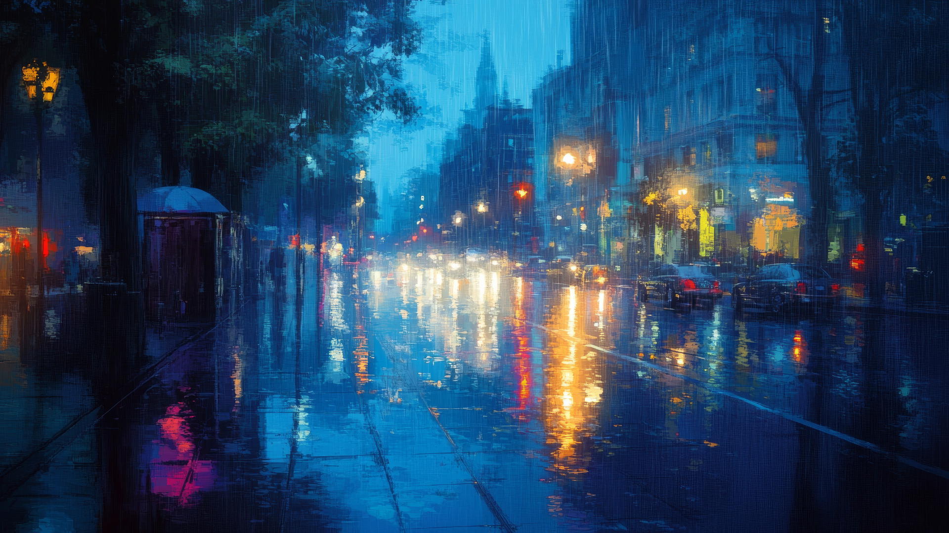 Wallpaper blue: rainy city street with shimmering reflections