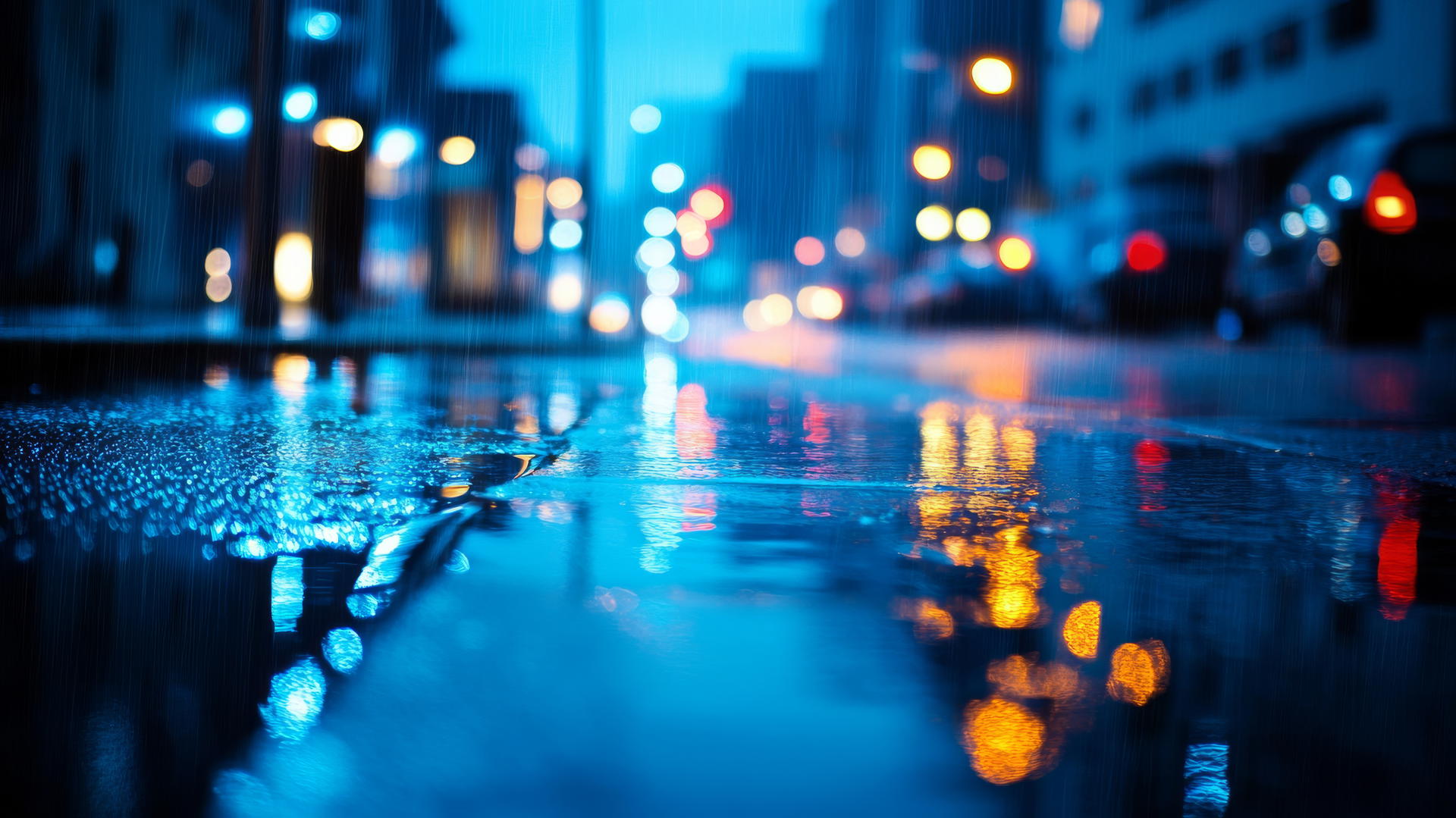 Moody blue rainy city street wallpaper with reflections