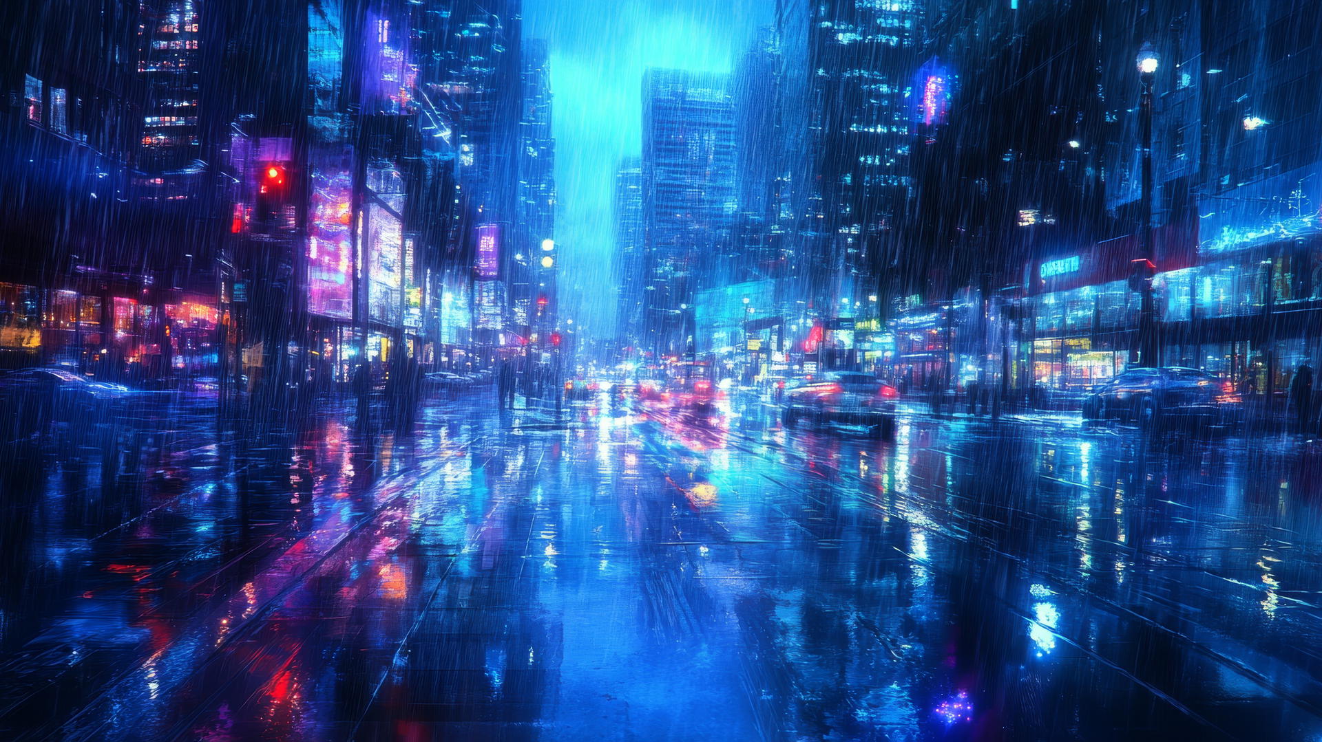wallpaper blue moody rainy city street with reflections