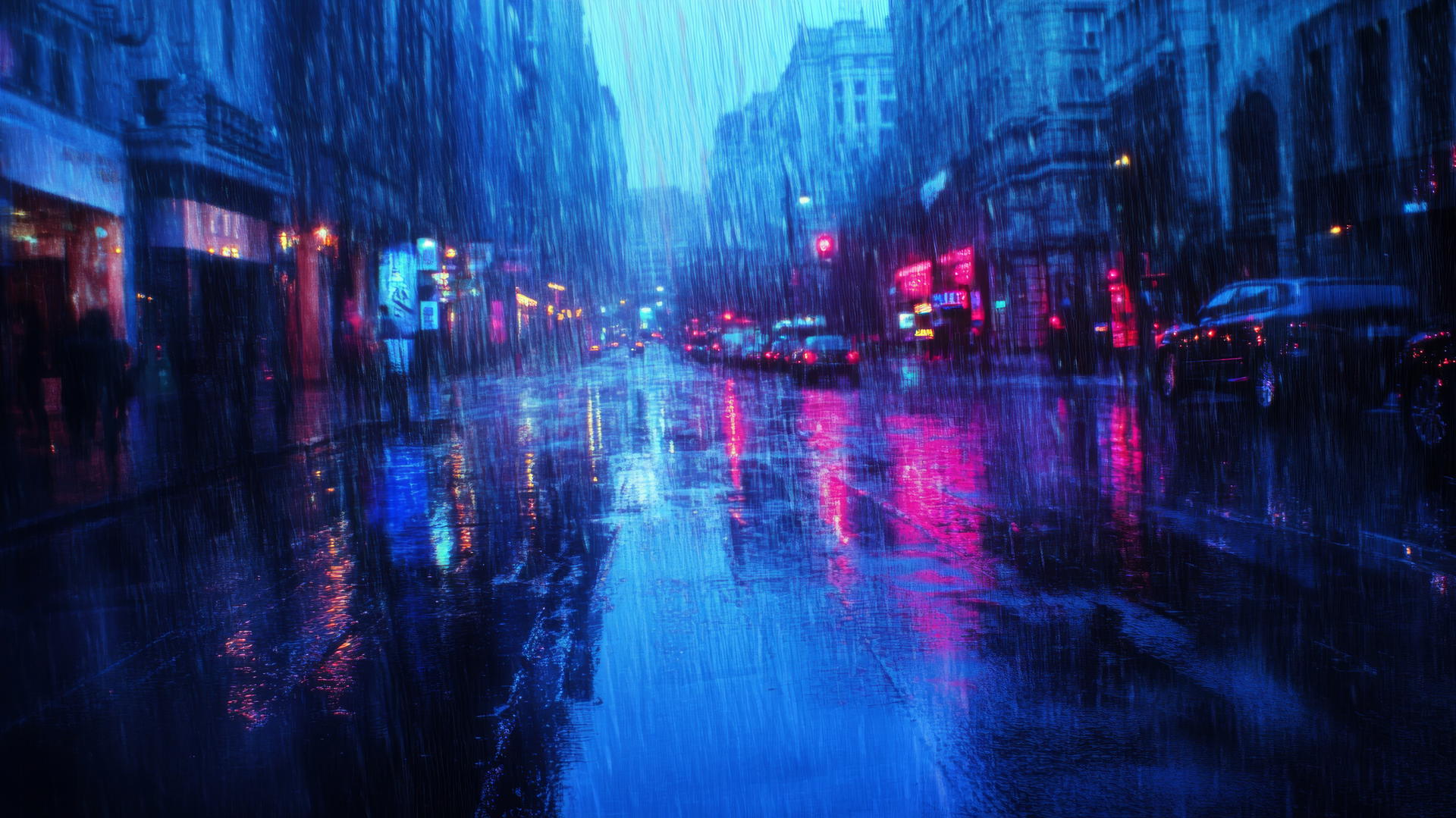 wallpaper blue, rainy city street with light reflections