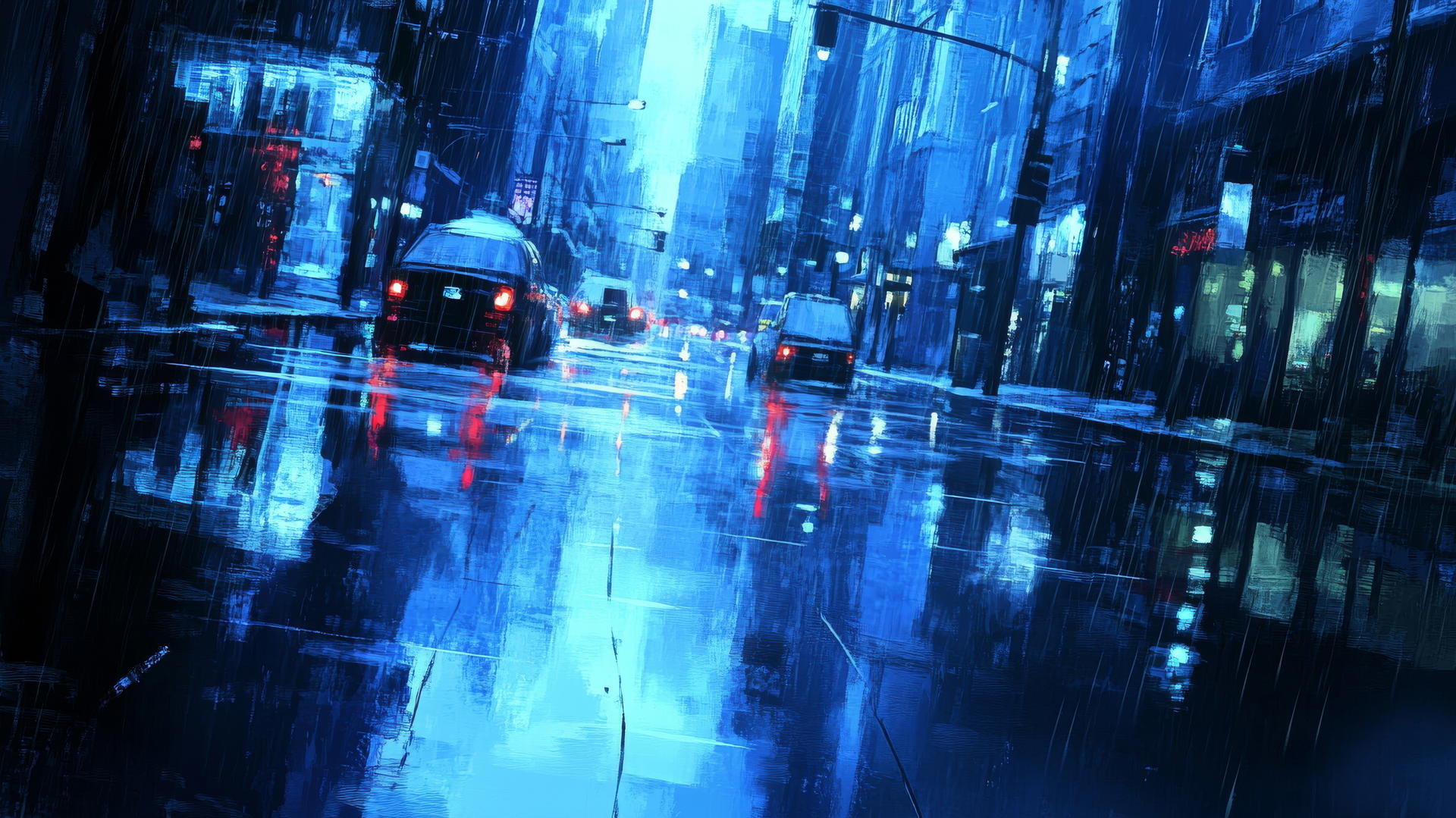 wallpaper blue, rainy city street with light reflections