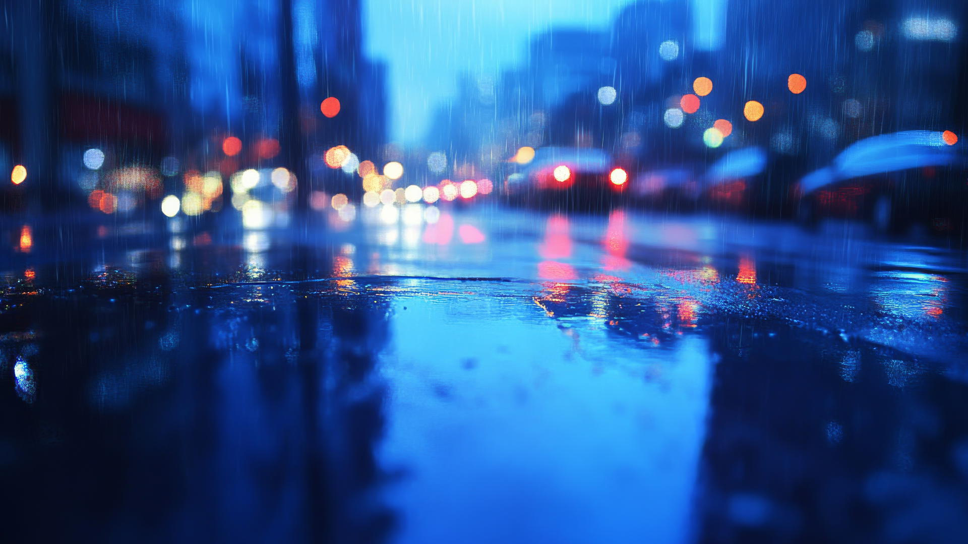 A digital wallpaper of a blue-toned rainy city street with light reflections.