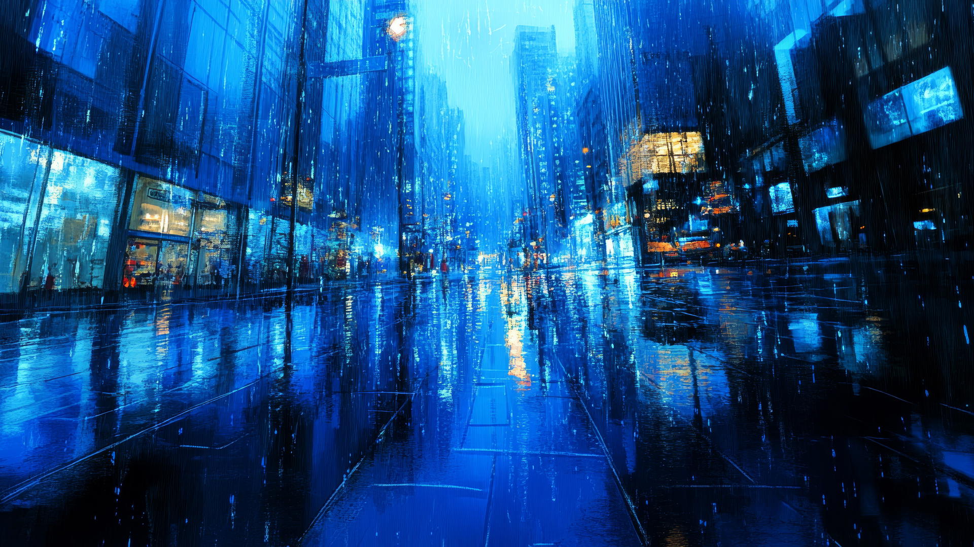 wallpaper blue showcasing a rainy city street with reflections