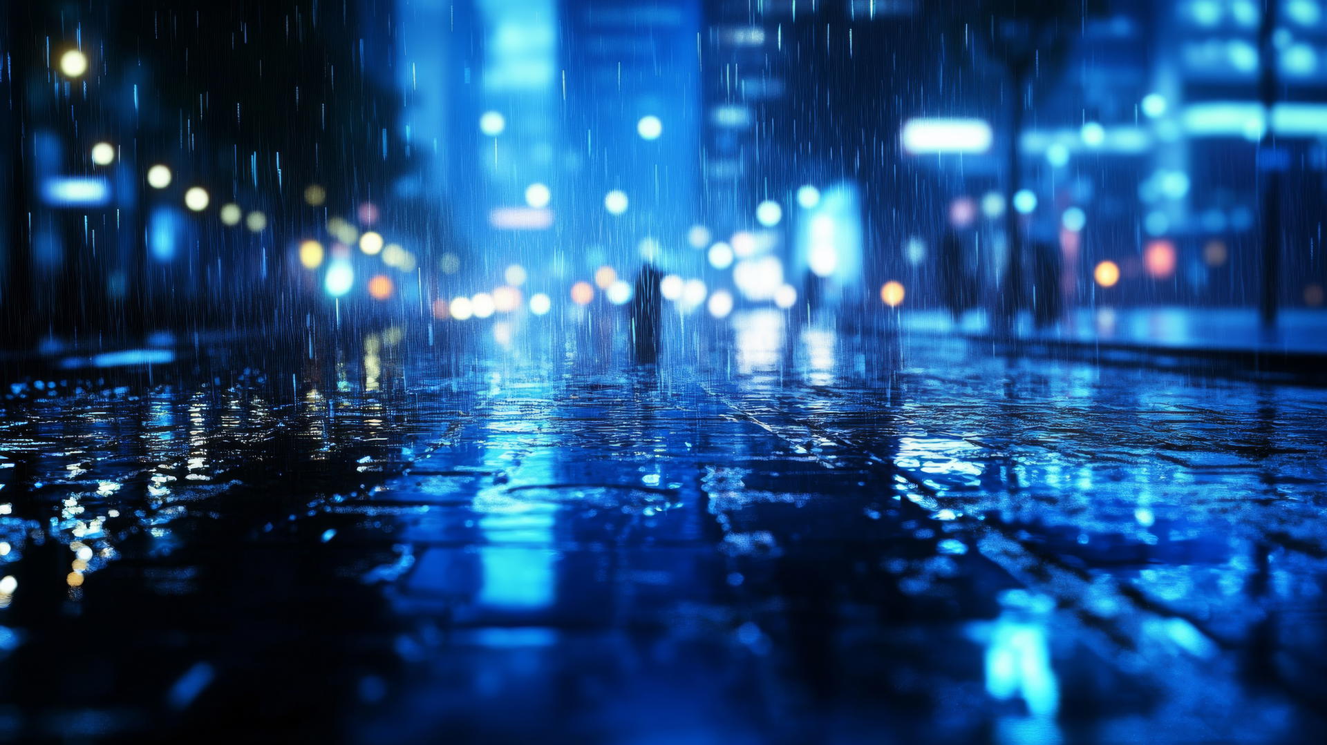 wallpaper blue, rainy city street with reflections of lights and buildings