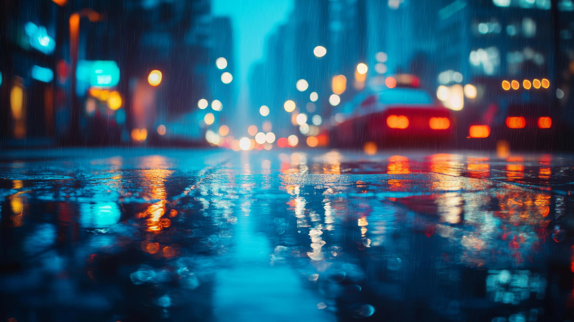 wallpaper blue depicting a rainy city street with light reflections on wet pavement