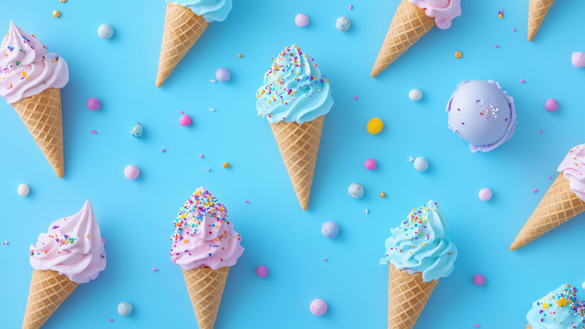 blue wallpaper for kids featuring dreamy ice cream cones with sprinkles and toppings on a pastel blue background