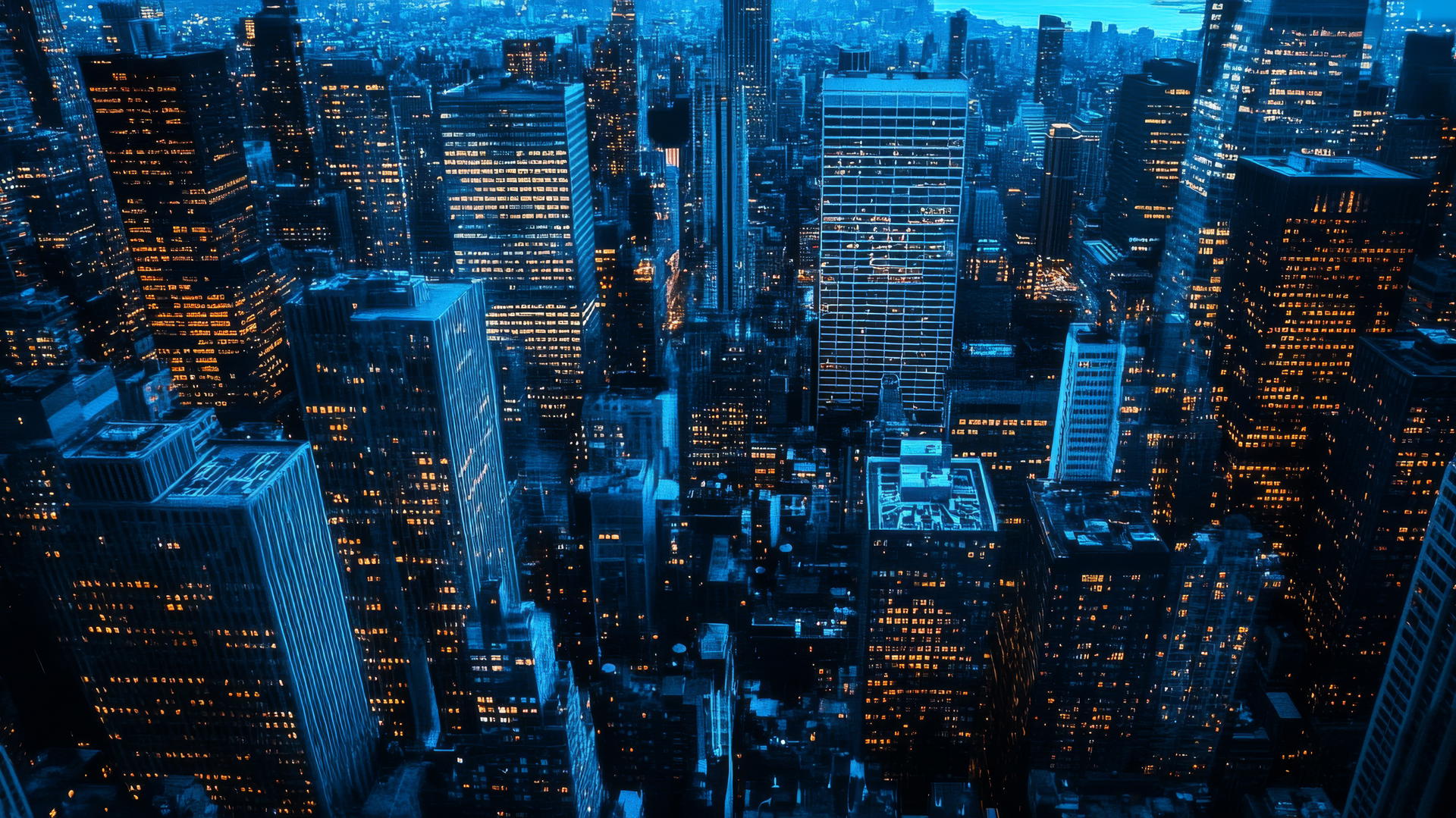Dark blue aesthetic wallpaper of a cityscape at dusk with skyscrapers and soft blue city lights