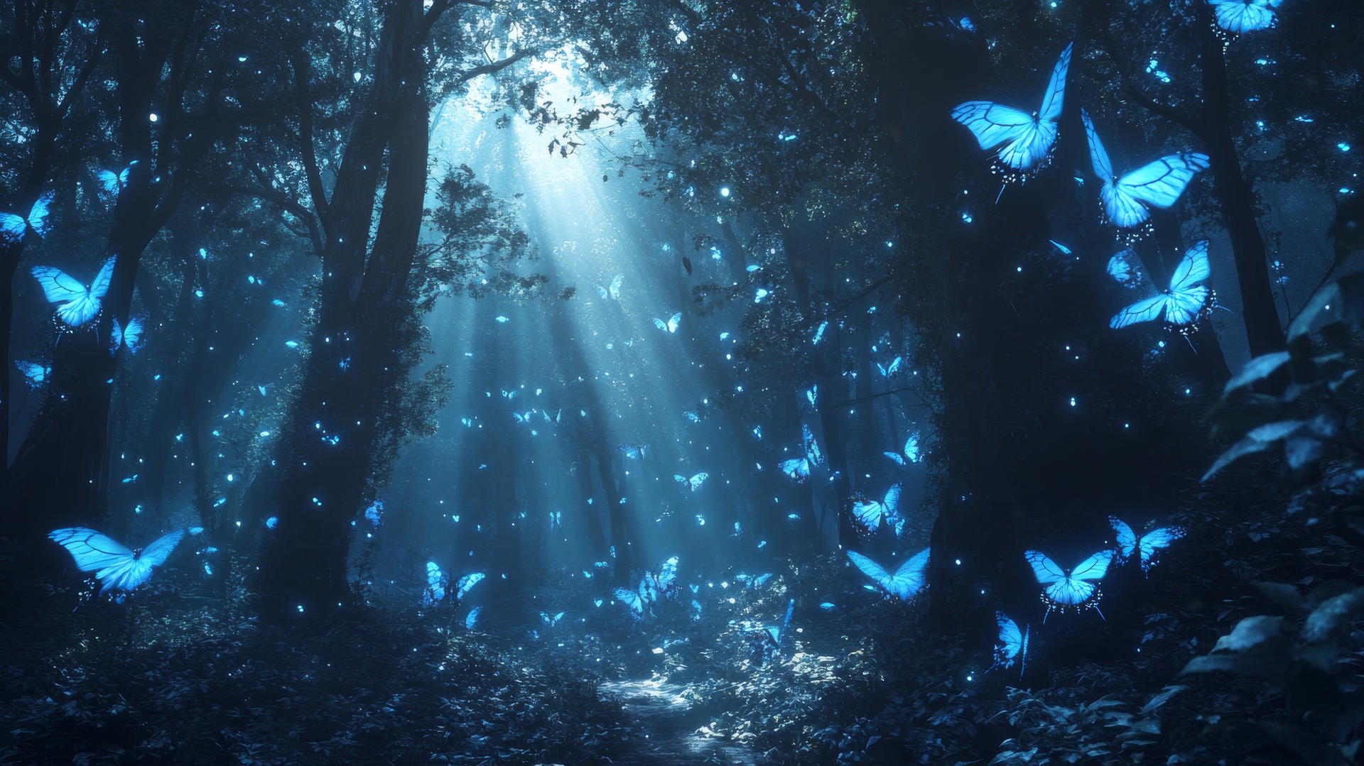 blue butterfly wallpaper in mystical moonlit forest