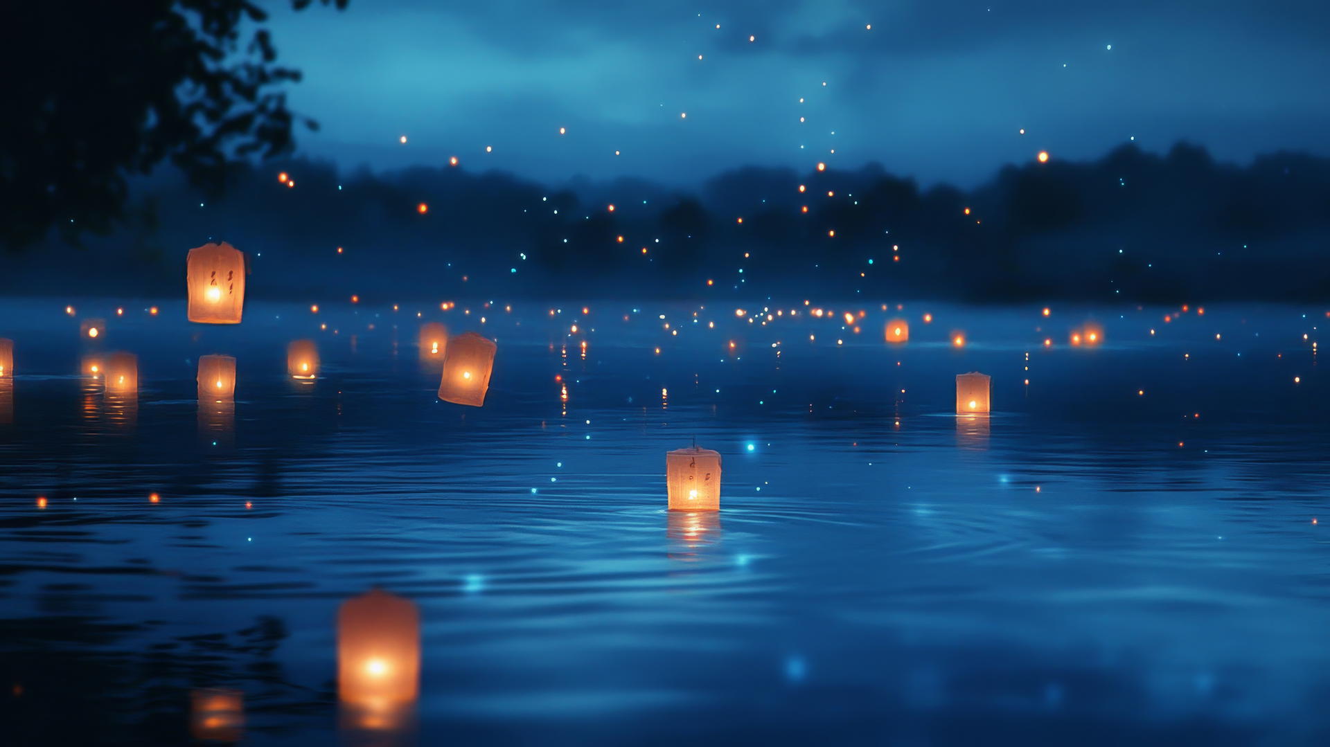 aesthetic blue wallpaper with floating lanterns on a dark blue lake at twilight