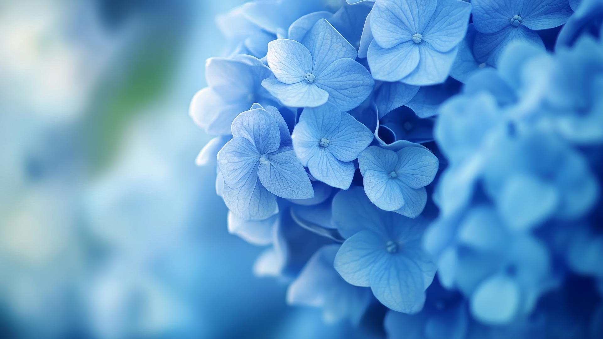 blue flower wallpaper with glowing blue hydrangea petals against a blurred garden