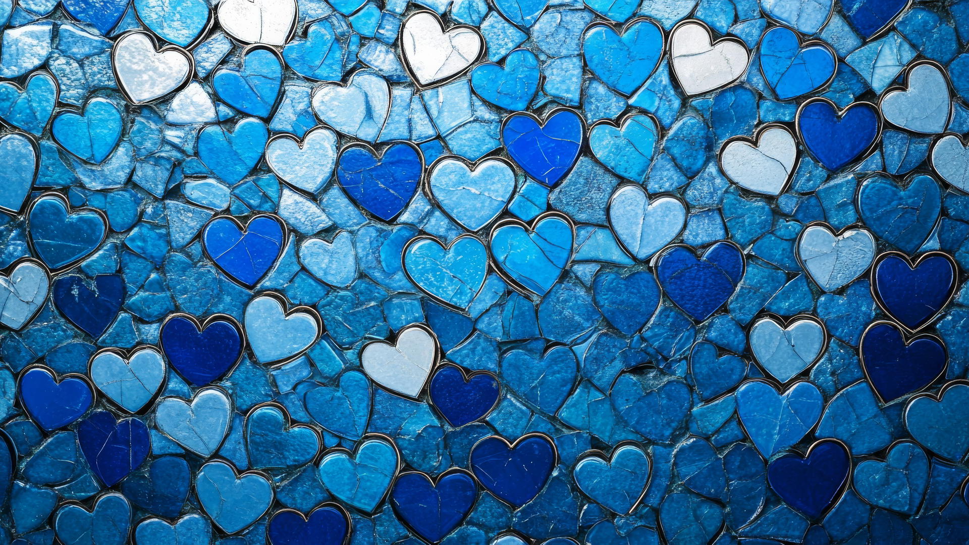 A mosaic pattern of blue hearts made of tiny blue tiles, blue heart wallpaper
