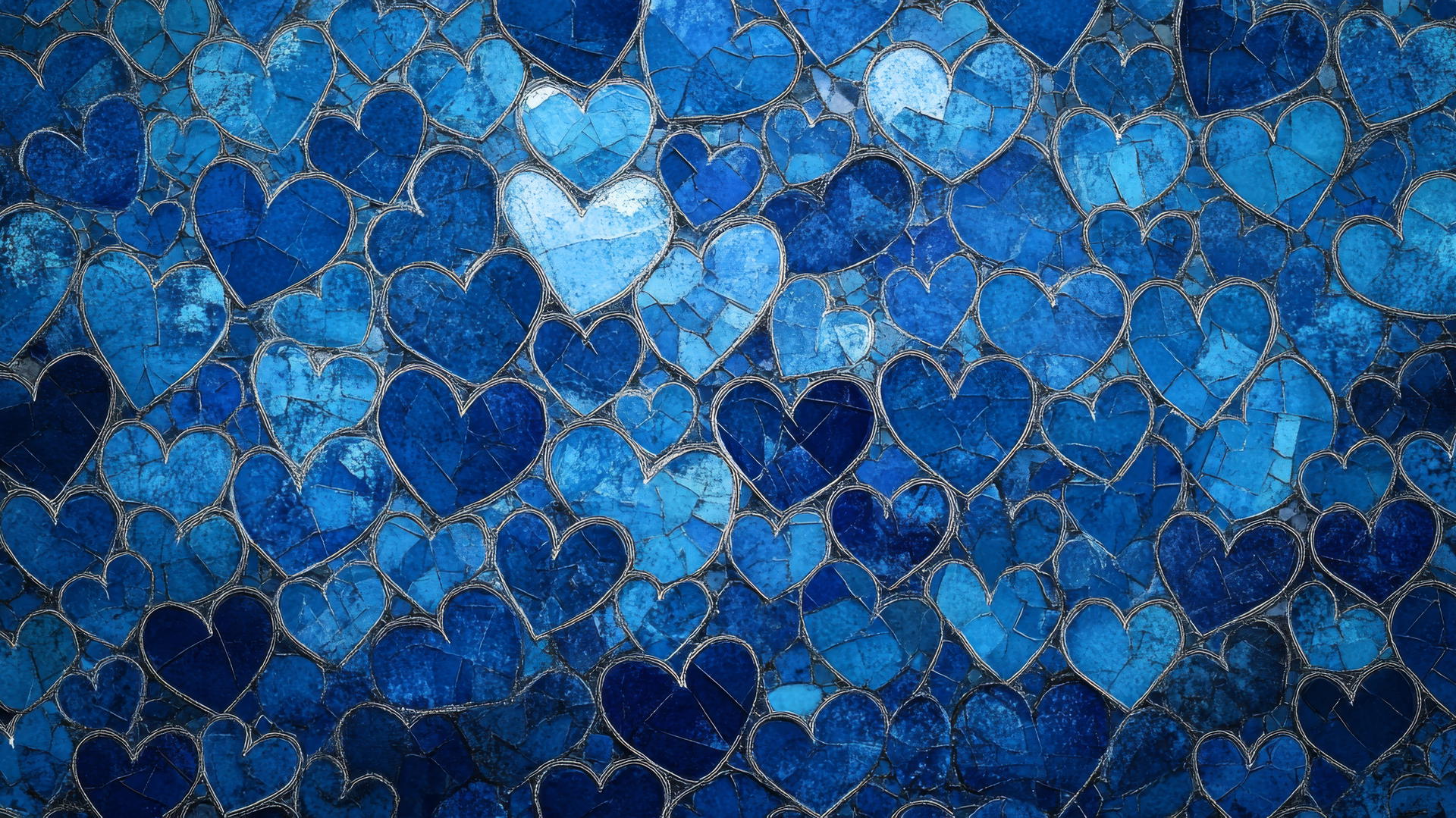 Mosaic pattern of blue hearts in varying shades of blue tiles, blue heart wallpaper