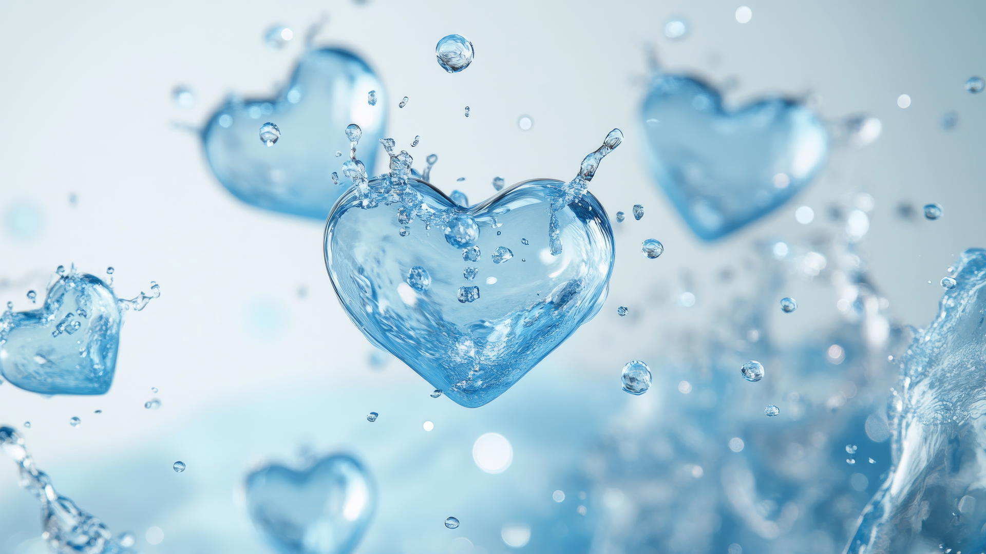 Blue heart-shaped bubbles floating and bursting against a pale blue background.
