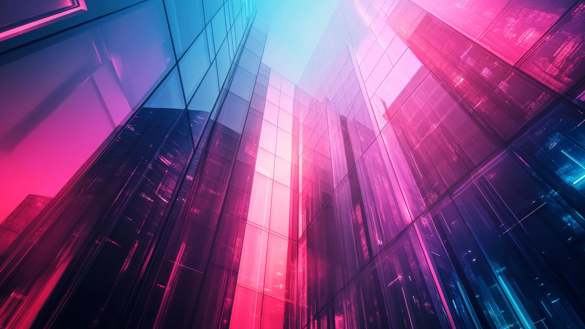 pink and blue wallpaper with modern cityscape and neon lights