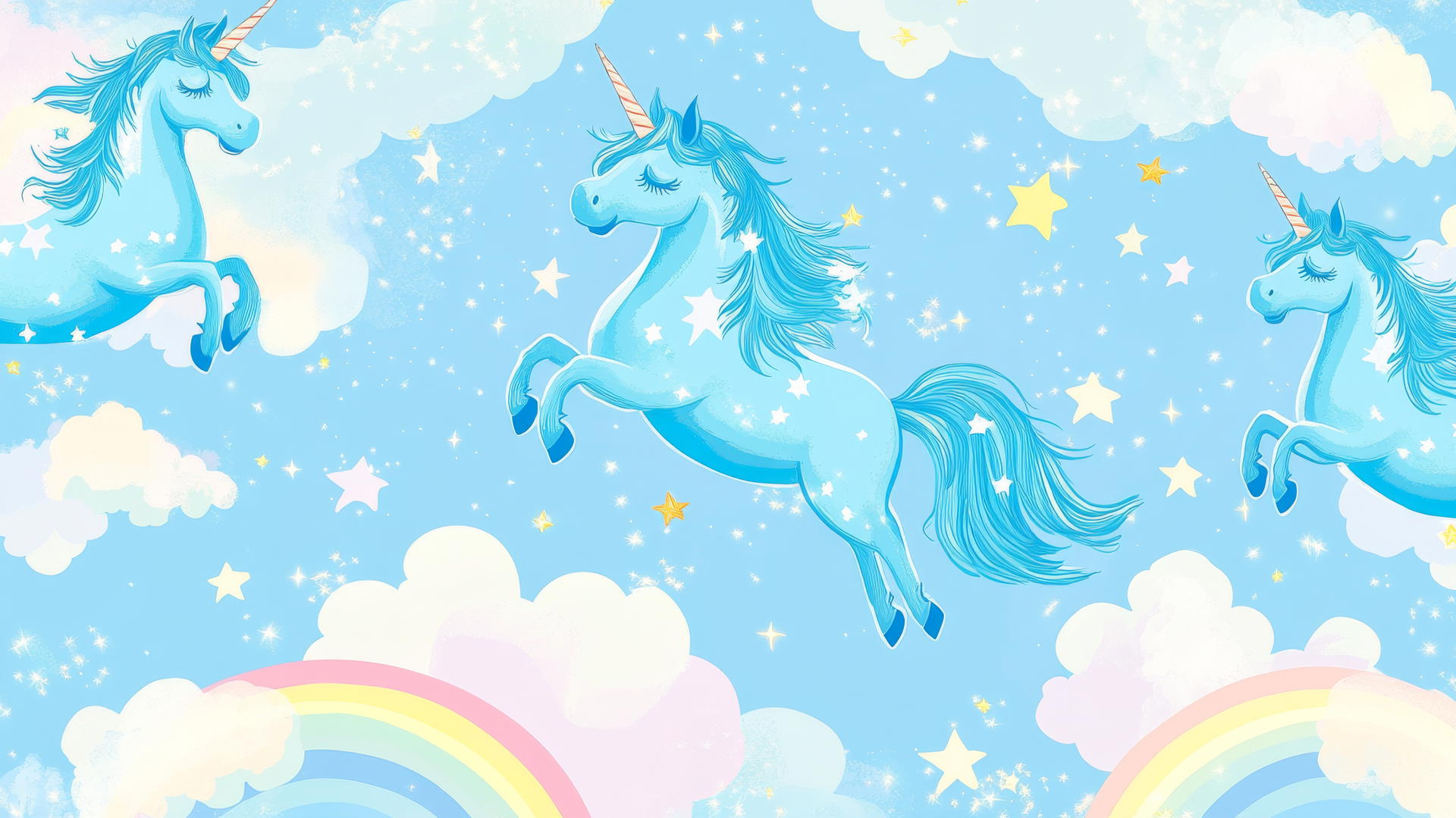 cute blue wallpaper with dreamy unicorns, sparkling manes, stars, clouds, and rainbows