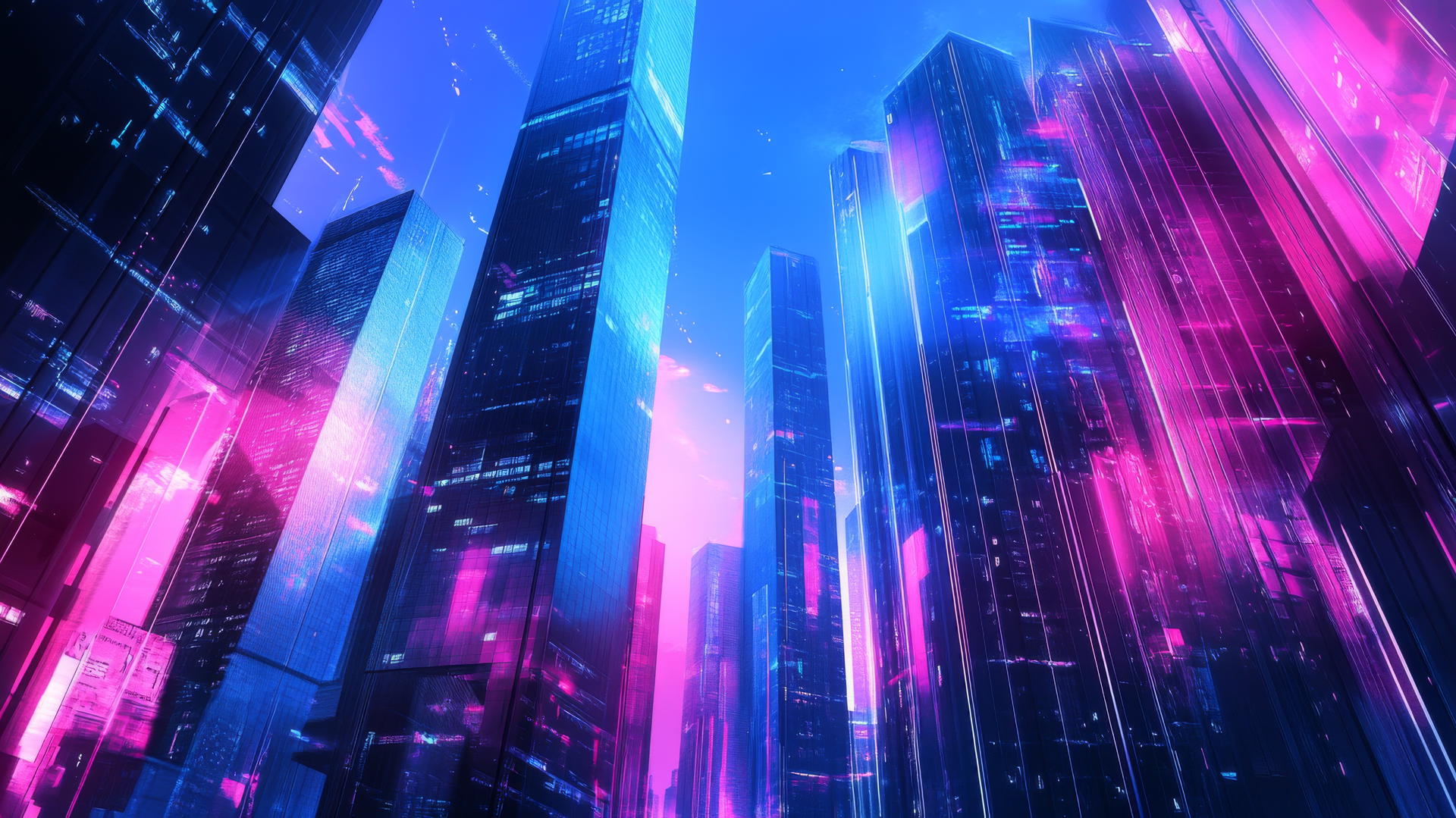 Pink and blue wallpaper with a modern cityscape featuring neon lights reflecting off glass buildings