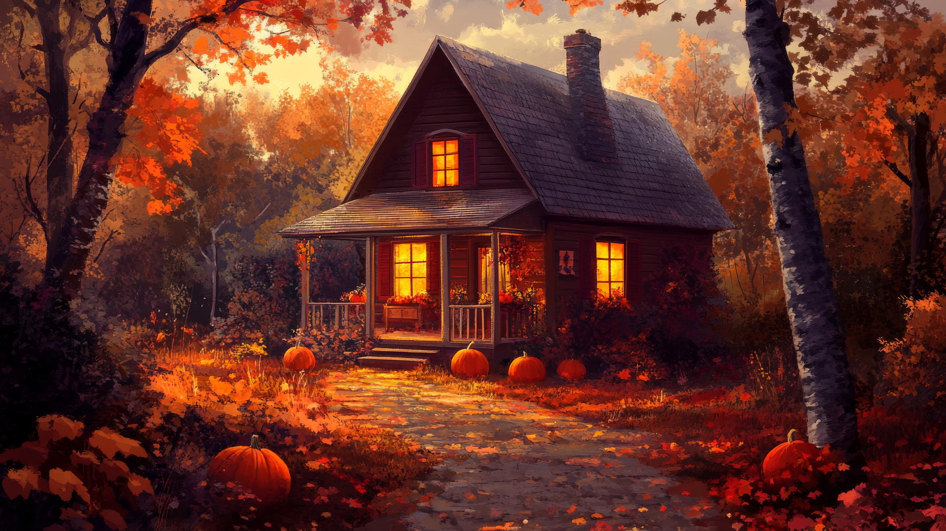 thanksgiving wallpaper with a farmhouse, fall foliage, pumpkins on porch, warm glow