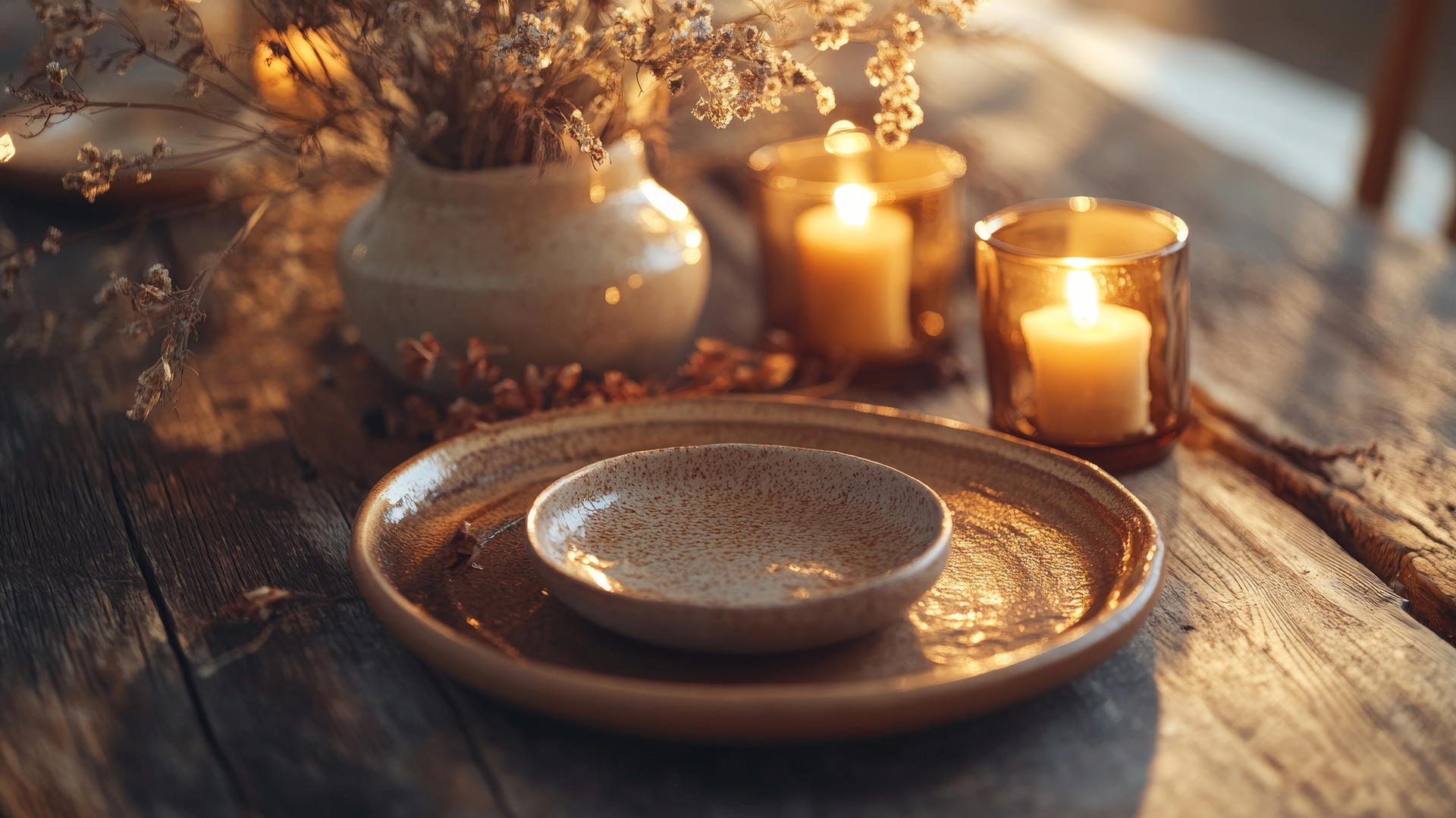 thanksgiving wallpaper aesthetic with rustic table setting, handcrafted ceramic plates, dried flowers, and candles