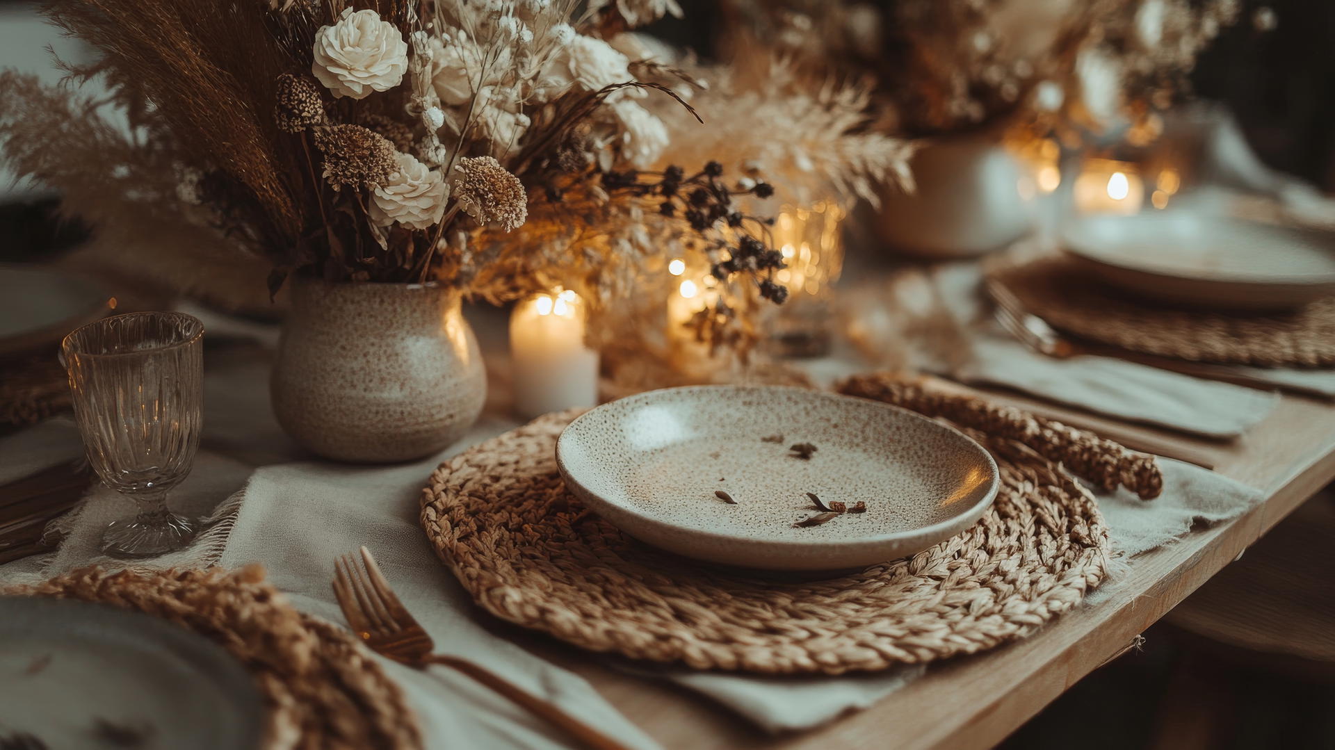 Aesthetic Thanksgiving wallpaper with dried flowers, woven placemats, ceramic plates, fairy lights, and candle shadows