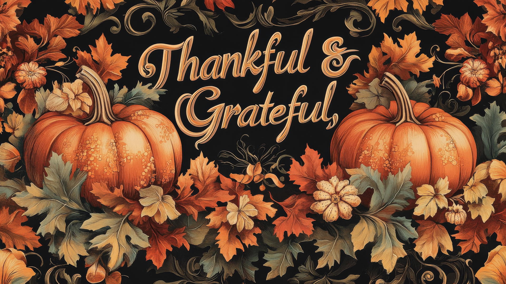 Aesthetic Thanksgiving wallpaper with Art Nouveau vines, flowers, pumpkins