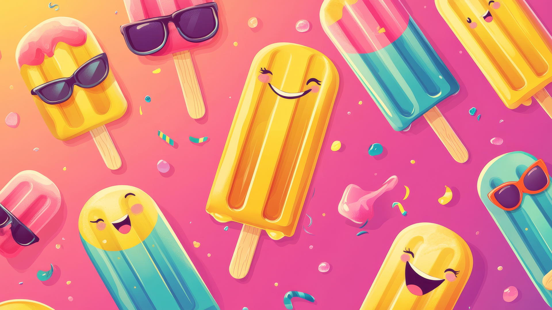 Cute summer wallpaper featuring cartoon popsicles with smiling faces and sunglasses in vibrant colors.