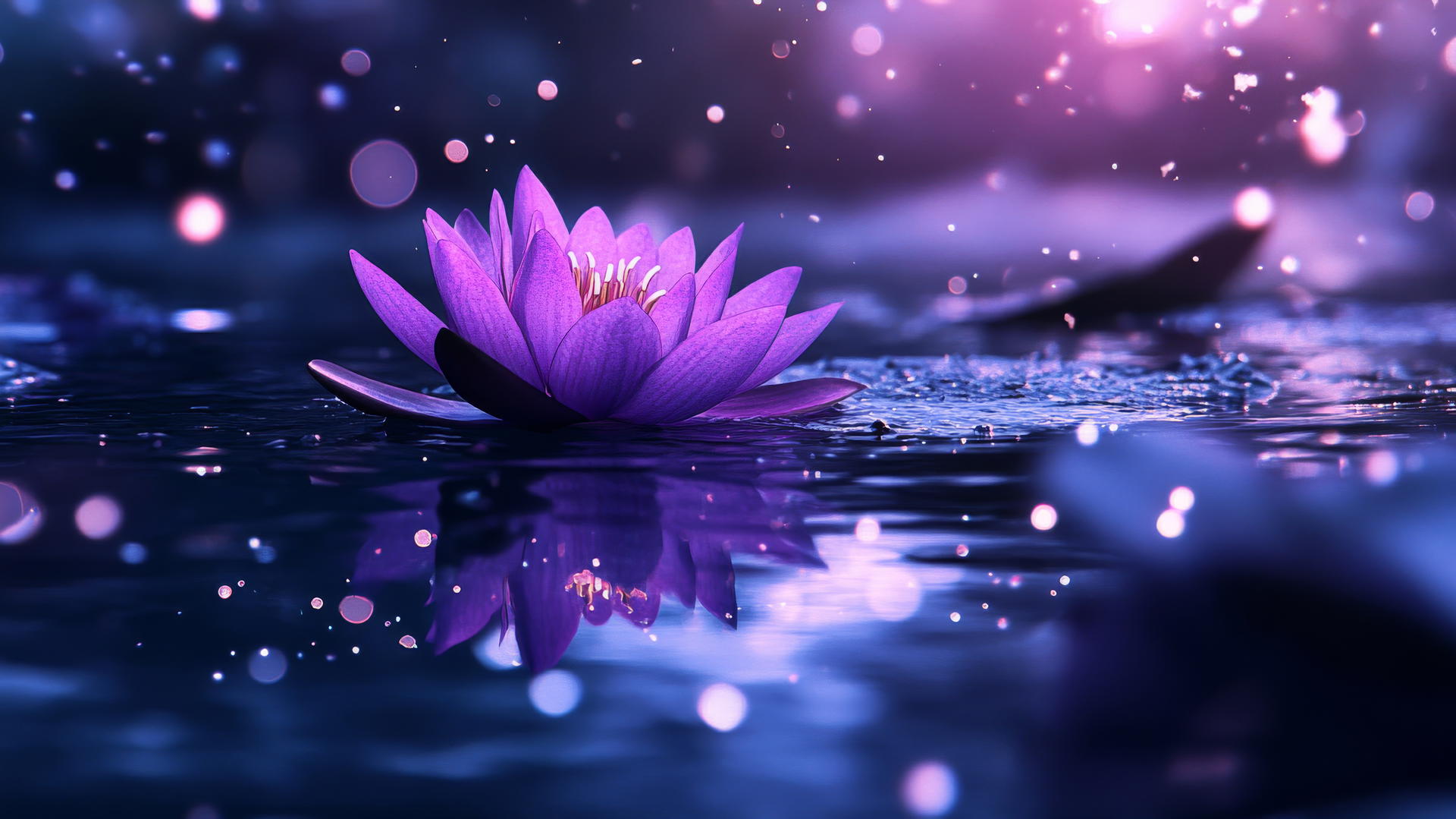 neon purple aesthetic wallpaper of a lotus flower on a calm lake with glowing reflections