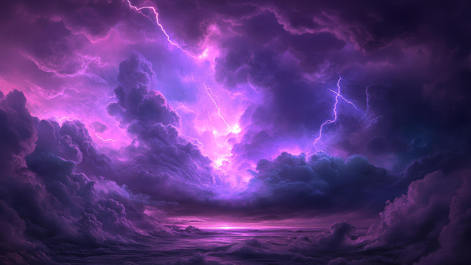 A dark purple wallpaper featuring a dramatic storm cloud with lightning