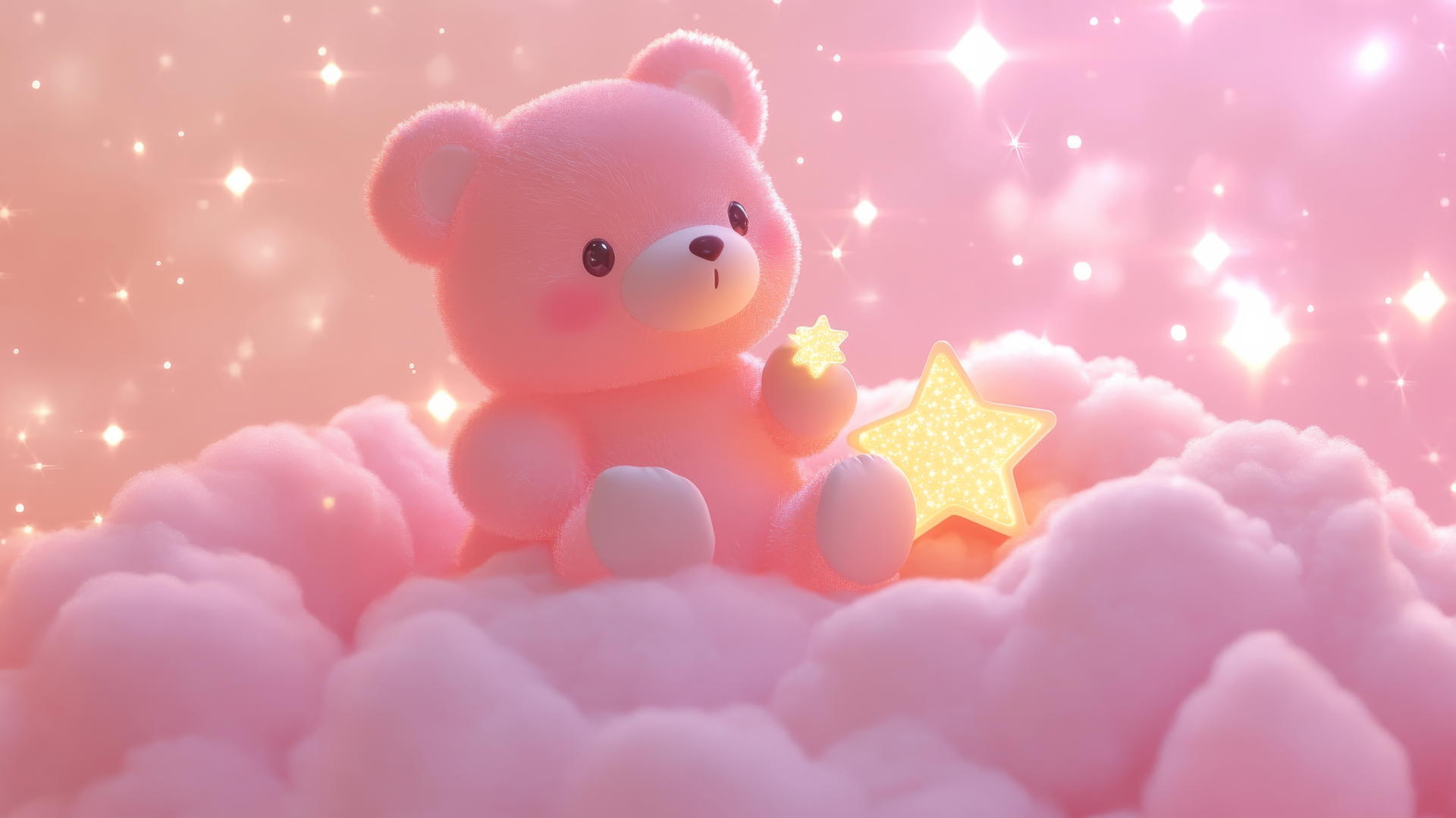 cute pink wallpaper with kawaii bear holding a star on a fluffy cloud with sparkles