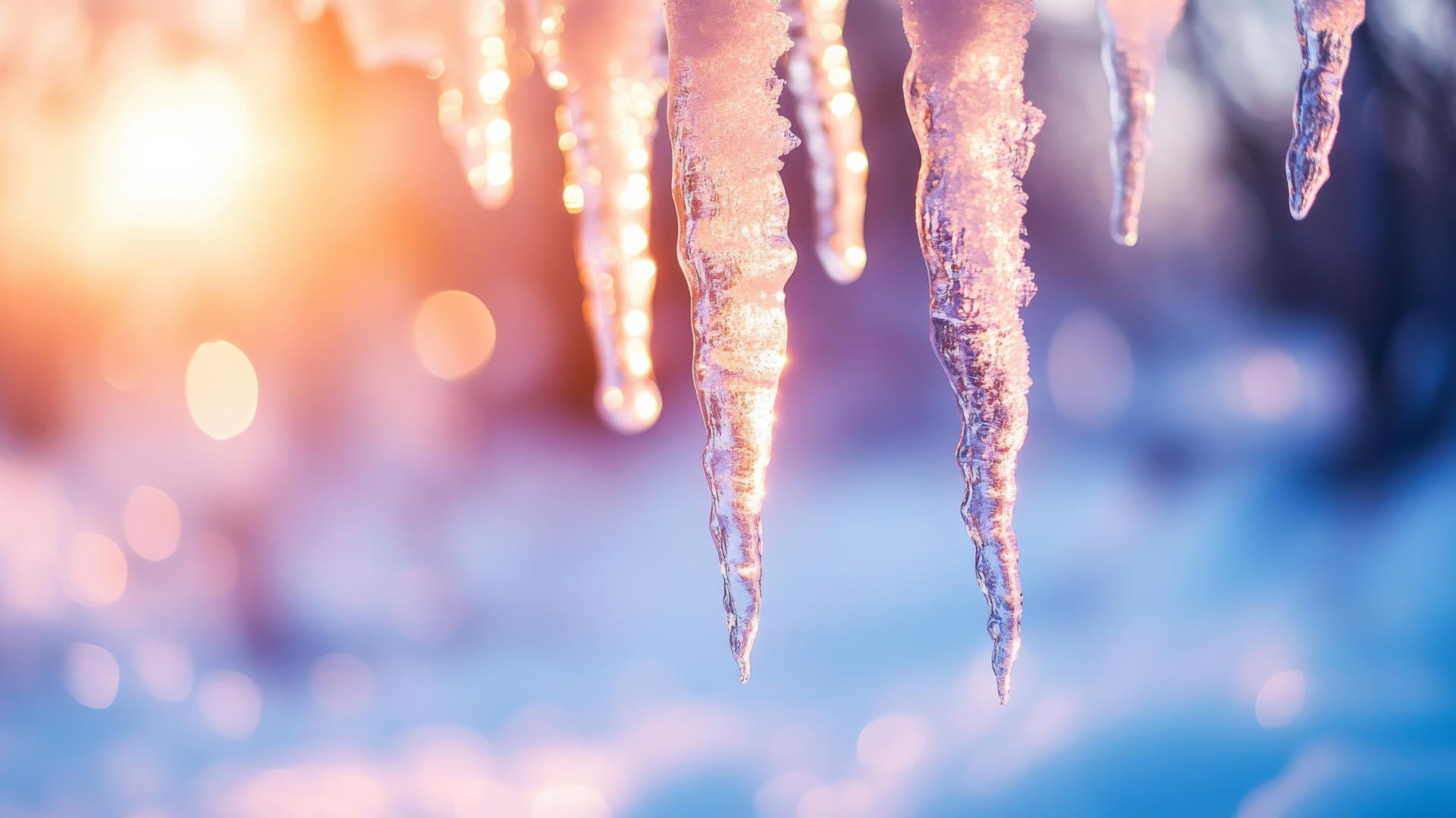 winter wallpaper of a crystal-clear icicle hanging from a snow-covered roof with sunlight
