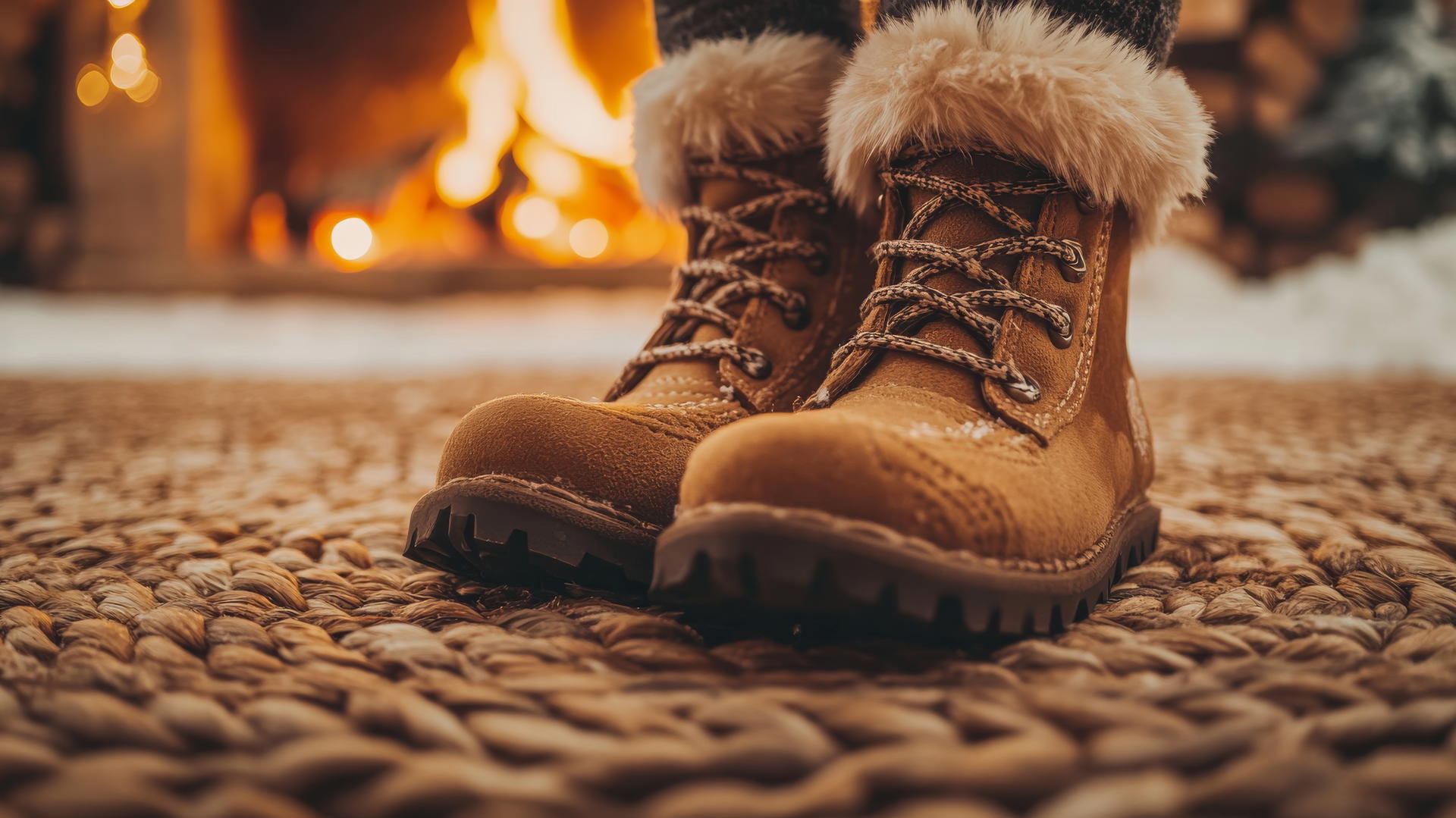 cozy winter iPhone wallpaper with fluffy boots by a fire