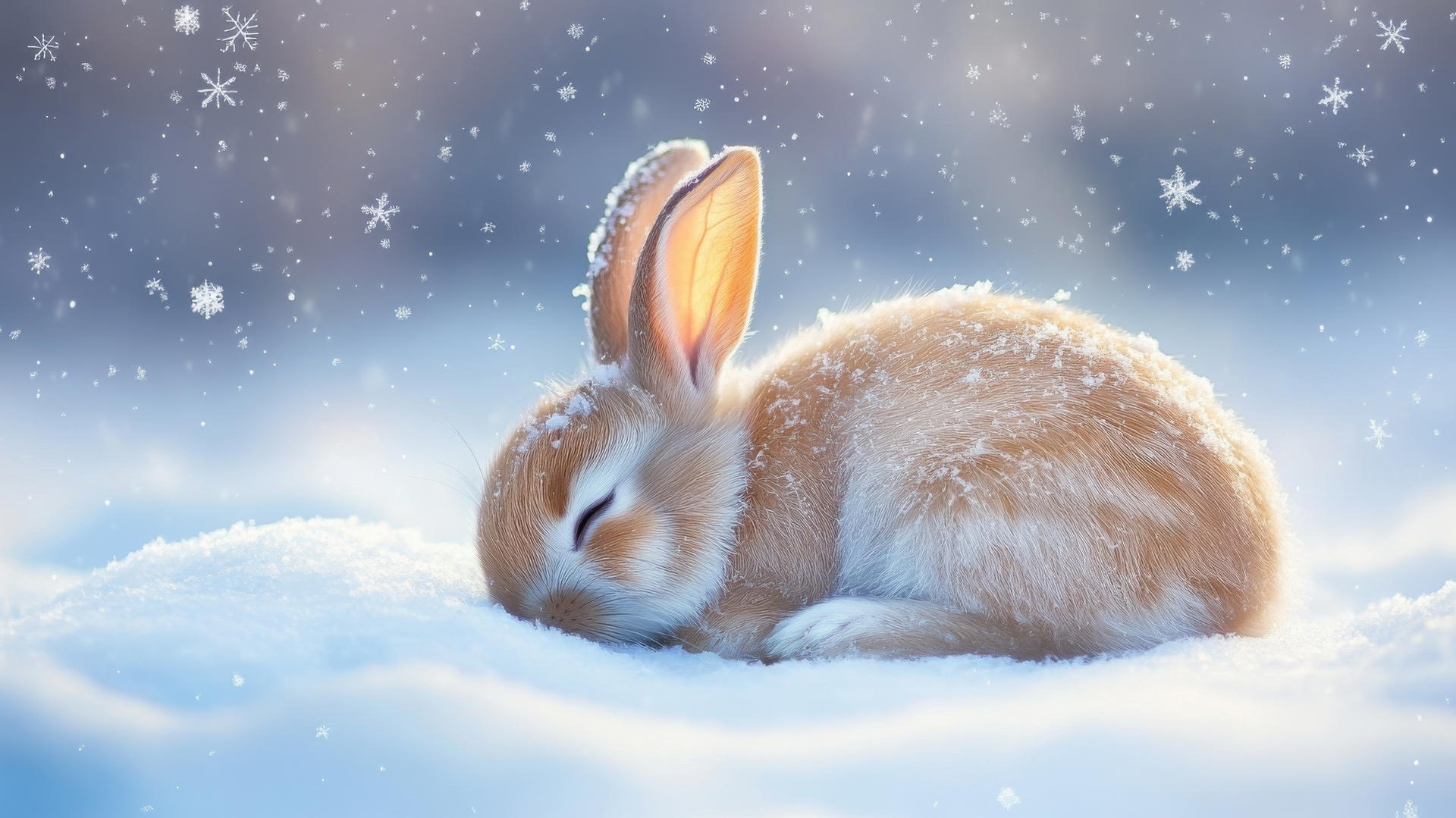 A cute winter wallpaper with a sleepy bunny curled up in the snow with snowflakes.