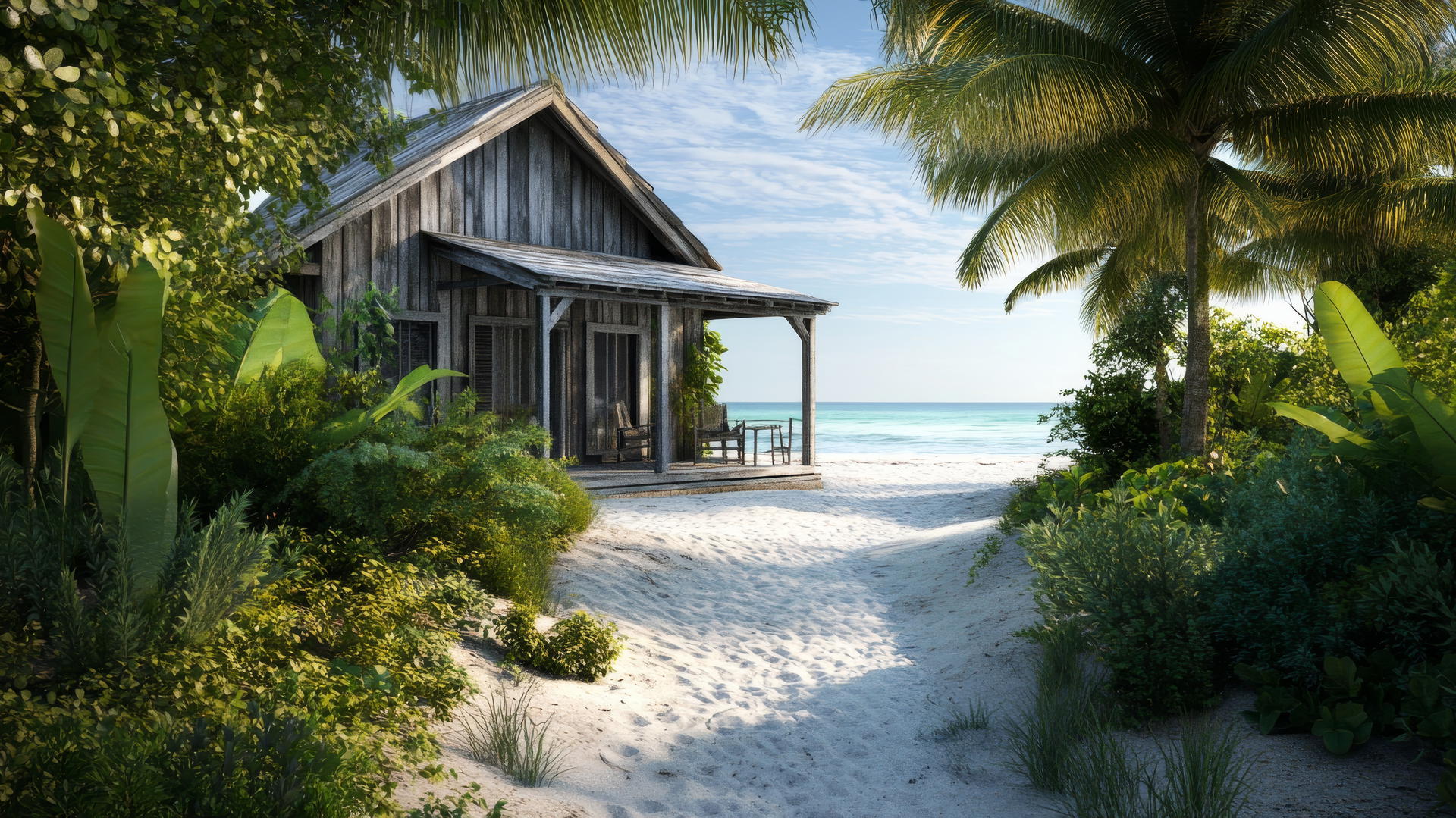 Rustic beach house wallpaper with tropical plants and soft sand