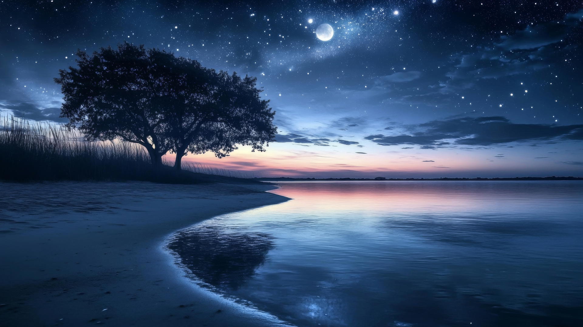 Aesthetic beach wallpaper with calm night, star-filled sky, and moonlit water.